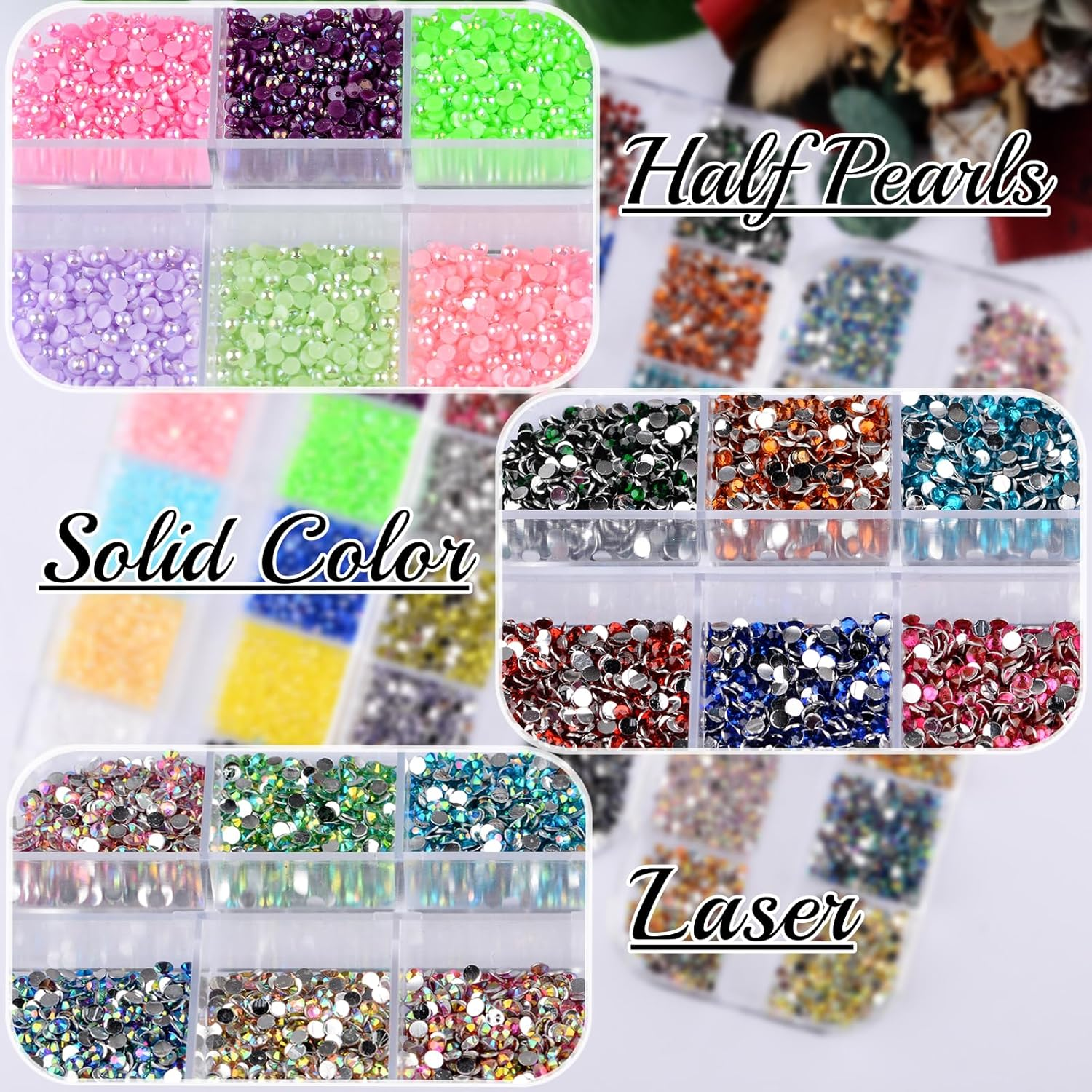 Kikonoke 5 Boxes Nail Art Rhinestones Half Pearls Kit 3D Flatback Jelly Crystal Gems Diamantes Design for Crafts Face Clothes Clothes Glass Decorations DIY (60 Colors 2Mm) image number 6