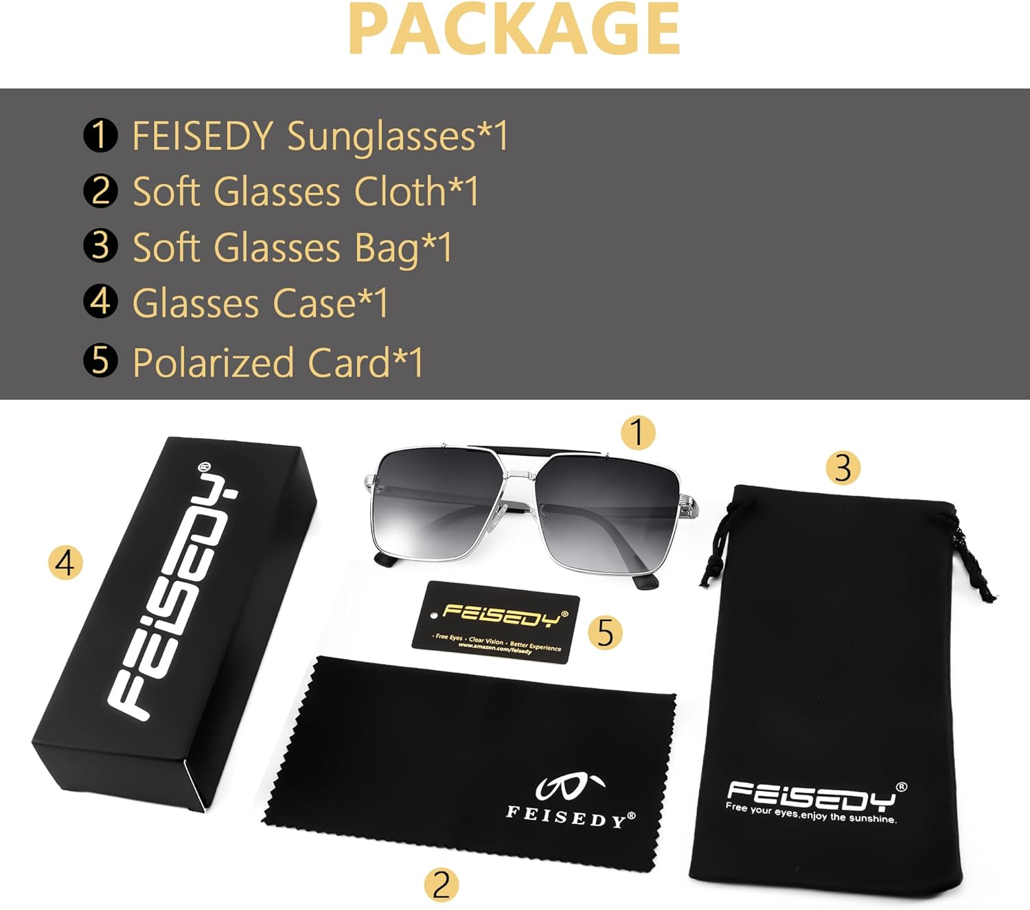 FEISEDY Classic Square Polarized Aivator Sunglasses Mens Womens UV400 Protection Big Double Bridge Sun Glasses image number 2