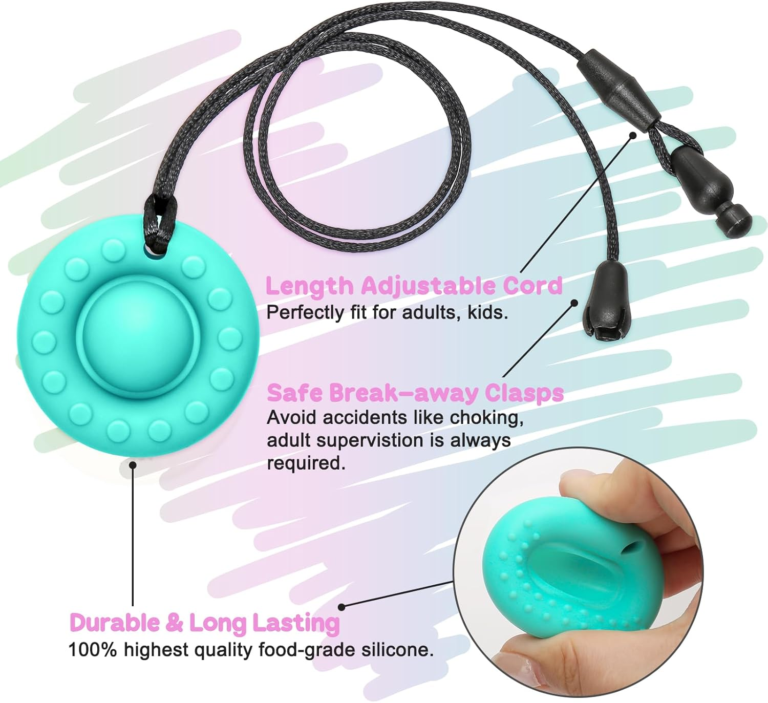 Chew Necklaces for Adults and Babies - Triceratops 5 Piece Set, Bpa-Free Silicone Sensory Chew Necklaces for Anxiety Relief, Easy to Hold, with Massage Blocks to Relieve Teething Pain image number 3