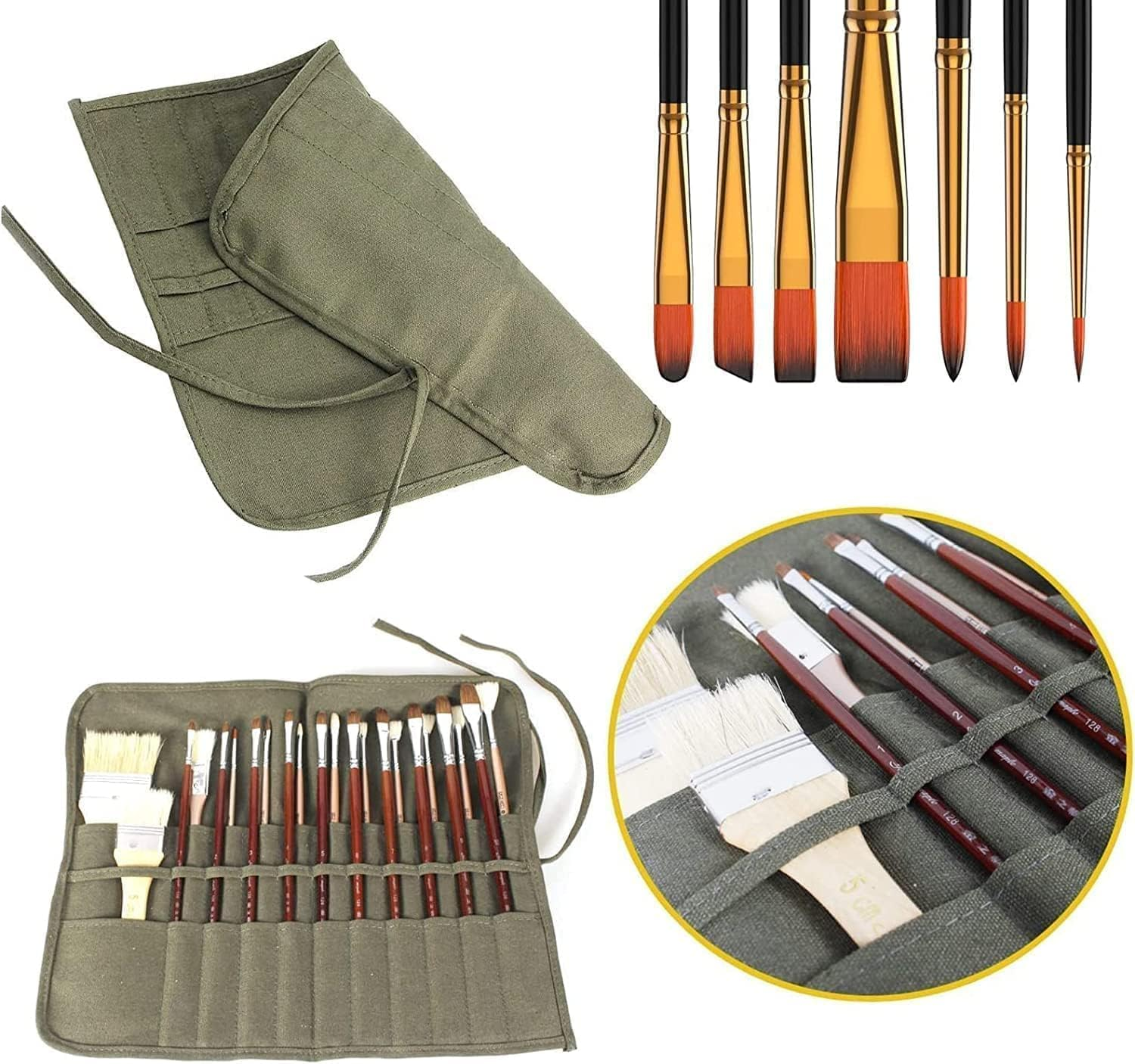 ZUJIACUN 22 Slot Canvas Paint Brush Roll - Army Green, Durable & Portable Brush Holder for Artists, Students - Holds 22+ Brushes, Compact Roll-Up Design, Perfect for Travel & Studio Use image number 4