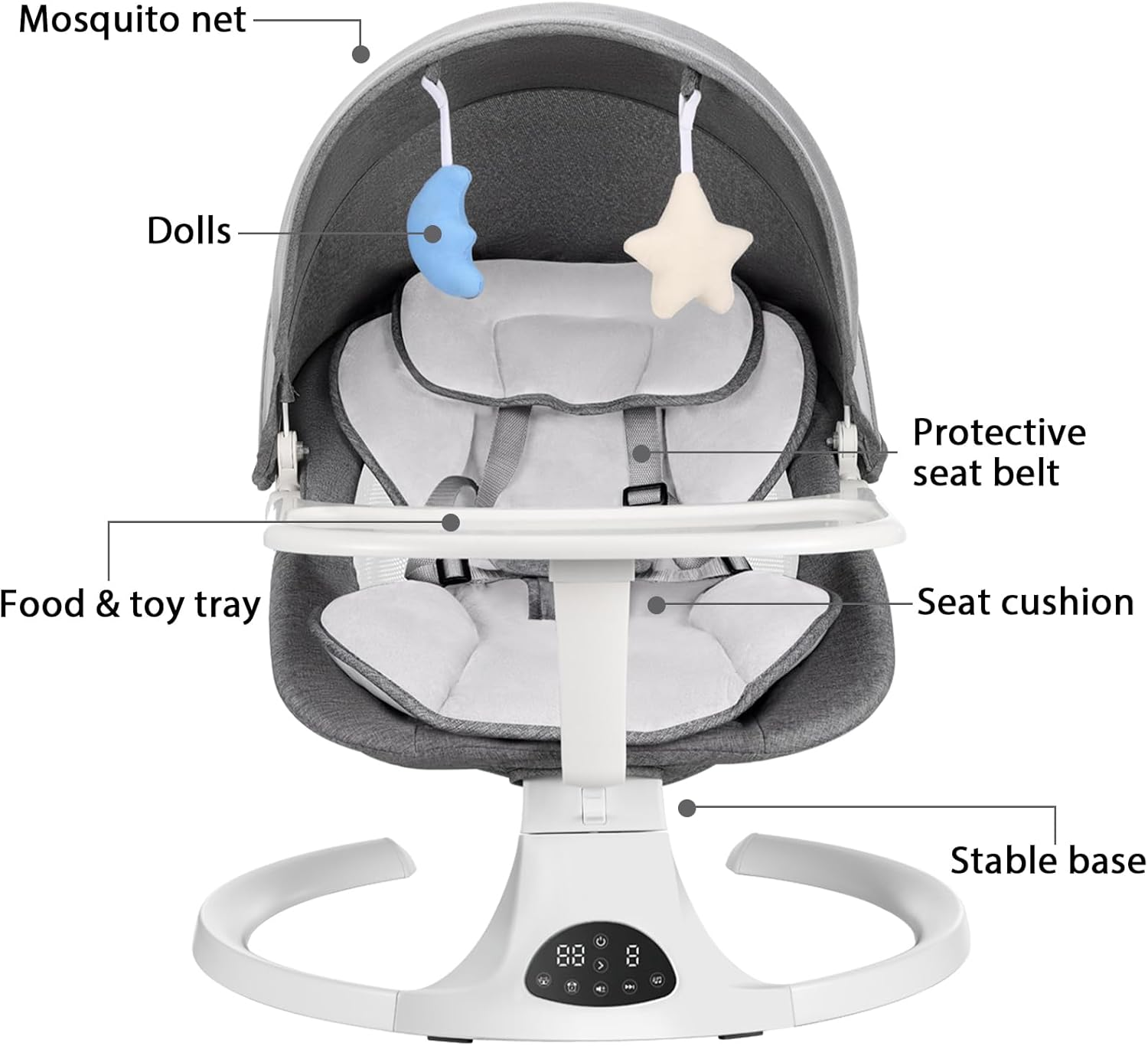 TNF Baby Bouncer for Infants, Portable Baby Swing Electric with 5 Point Harness, 5 Speeds and Music, Baby Bouncer with Machine Washable Seat Cover, Two Dolls and a Mosquio Net, Gray image number 4