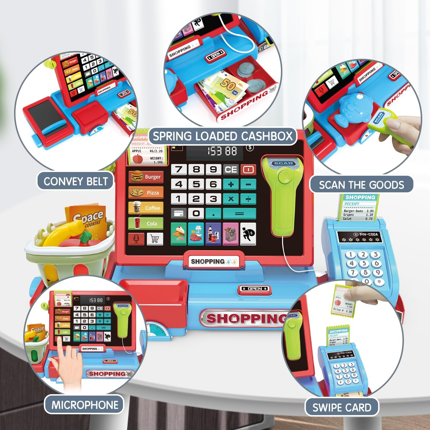 Cash Register Toys for Kids Pretend Play Store Supermarket Cash Register with Real Calculator,Scanner,Food,Microphone, Educational Learning Toy Playset Gift for Toddler Boy Girl (Blue)