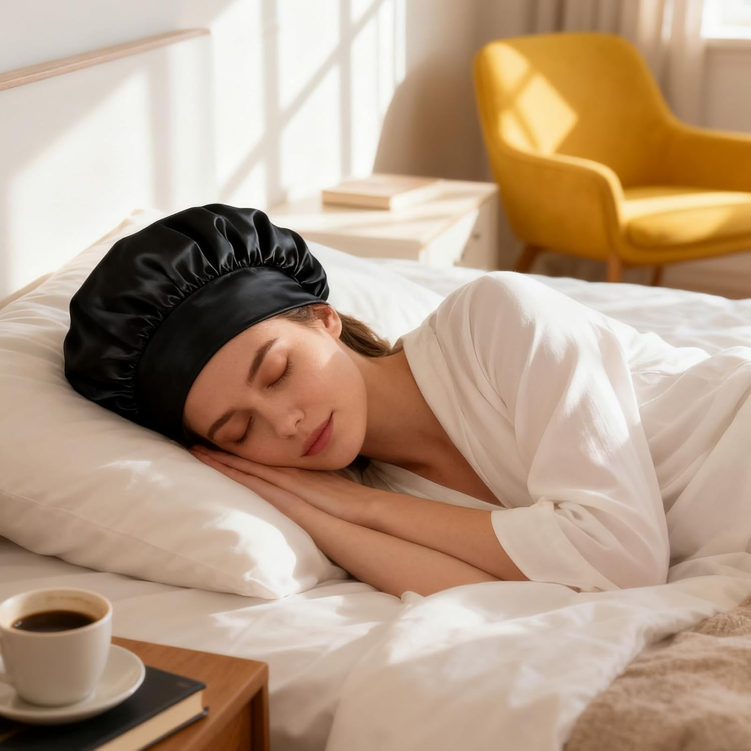 Bamyli Bonnet Satin Hair Cap & Sleep Cap, Satin Bonnet for the Night Soft and Adjustable with Elastic Band Ideal as Hair Cap for Women and Girls, Breathable and Non-Slip image number 1