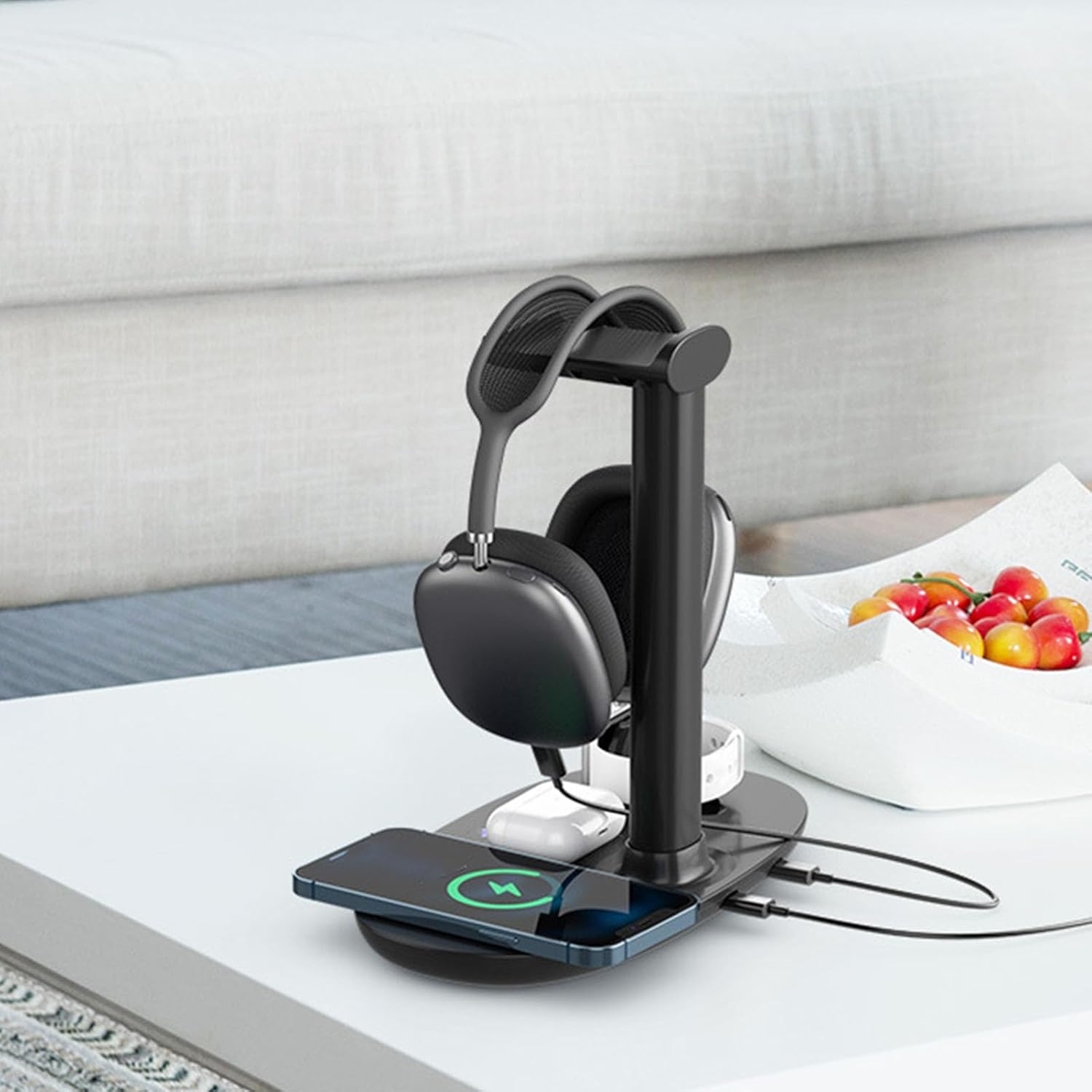 Headphone Charging Stand, 4 in 1 Gaming Headset Holder Hanger for Qi Device, Desktop Wireless Charging Station for Cell Phones Headphone (Black) - White image number 6