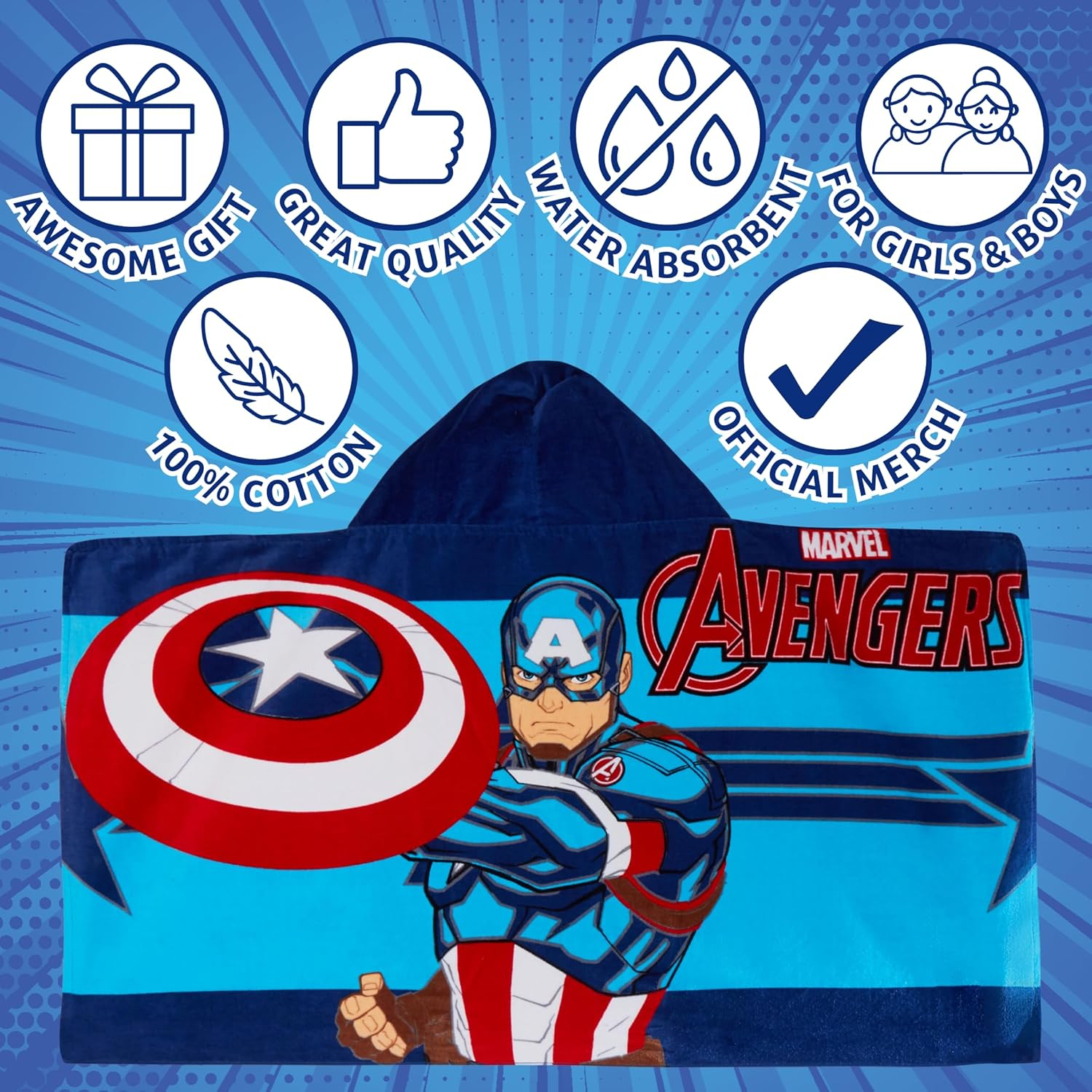 Marvel Captain America Hooded Towel 100% Cotton Avengers Poncho Kids Beach Bath Towel Swimming Wrap Boys Changing Robe image number 5