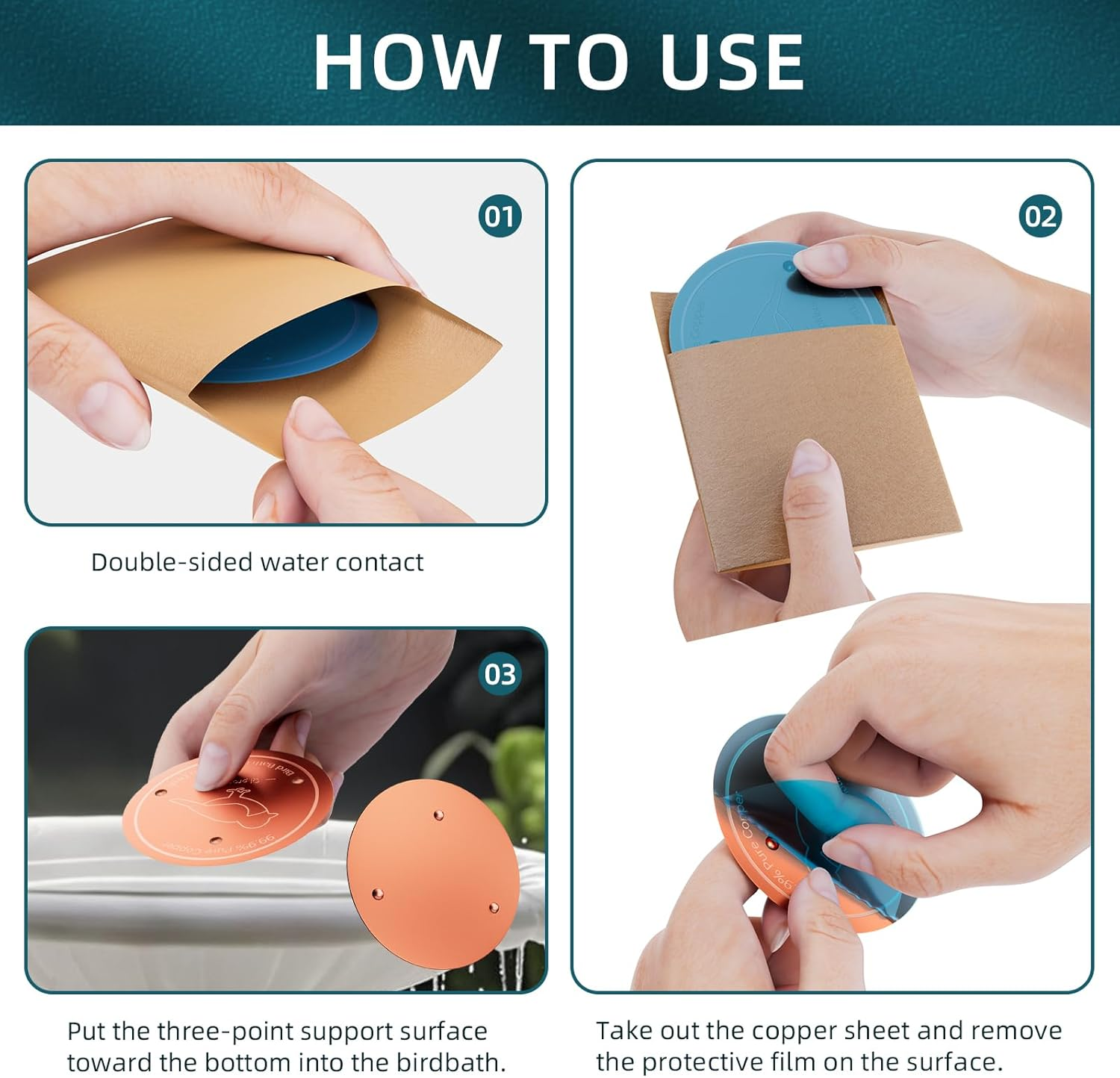 Bird Bath Copper Disk &ndash; 99.99% Pure Copper Water Cleaner, 1 Mm Thick with Stable Triple-Point Support, Safe Natural Solution for Outdoor Birdbaths Bowls, All-Season Use,Bird,1Pcs image number 5