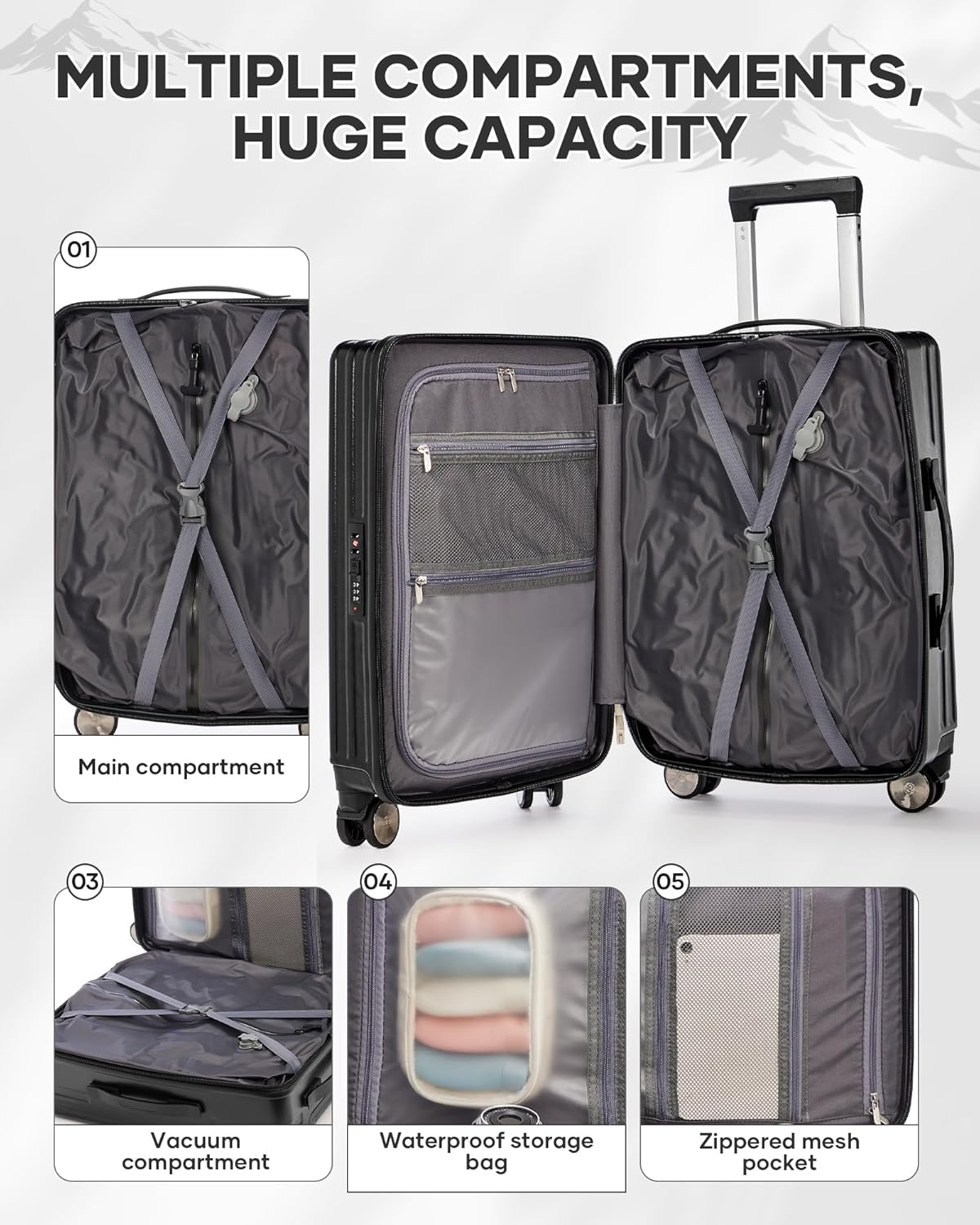 WEPOET Suitcase Luggage, Black(With Air Pump), 37.5Cm*23Cm*57Cm image number 5