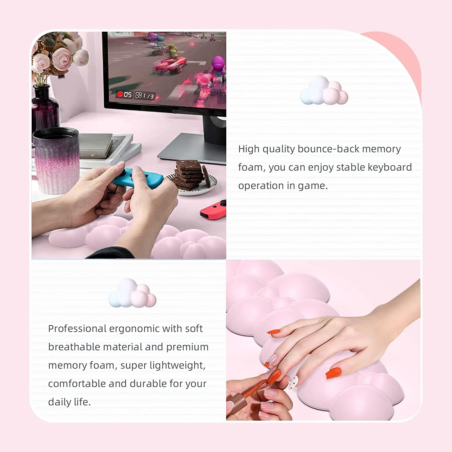 17'' Cloud Keyboard Wrist Rest, 2 Pcs Mouse Pad Wrist Support Keyboard Set with Ergonomic Memory Foam, Cloud Keyboard Anti-Slip Base, Computer Palm for Home Office Laptop Desktop (White) image number 6