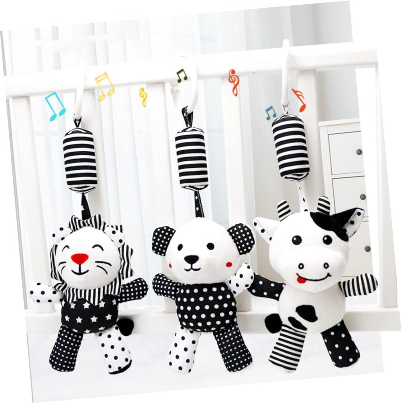 Milisten Black and White Crib Pendant Rattle for Newborns Early Education Plaything with Wind Chime Sound Visual and Hearing Development Cartoon Animal Design for Cot image number 4
