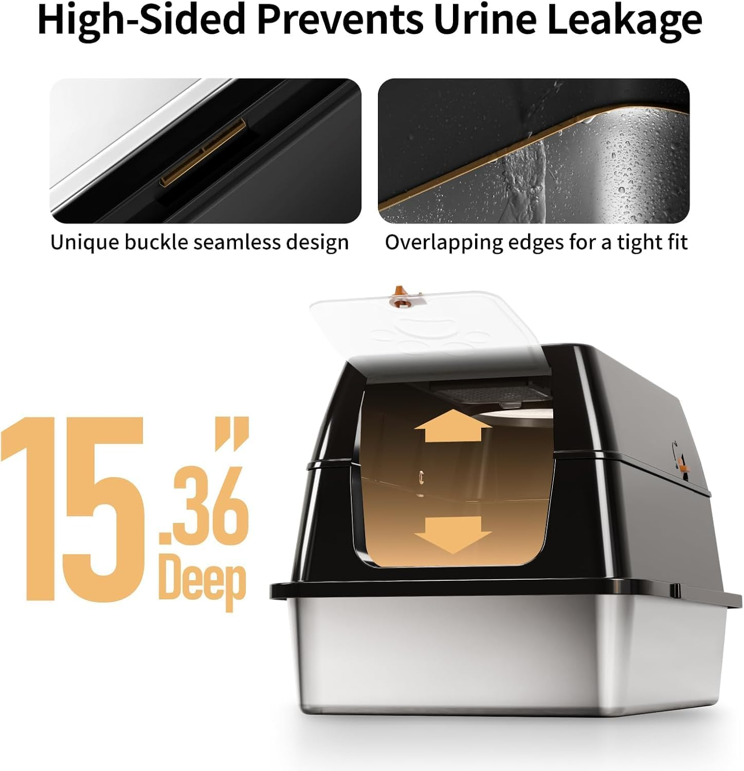 Stainless Steel Cat Litter Box with Lid, Large Enclosed High Sided Litter Box with Removable Lid, Carbon Filters -Odor Free, Easy Cleaning, Anti-Urine Leakage for Big Cats (Black)