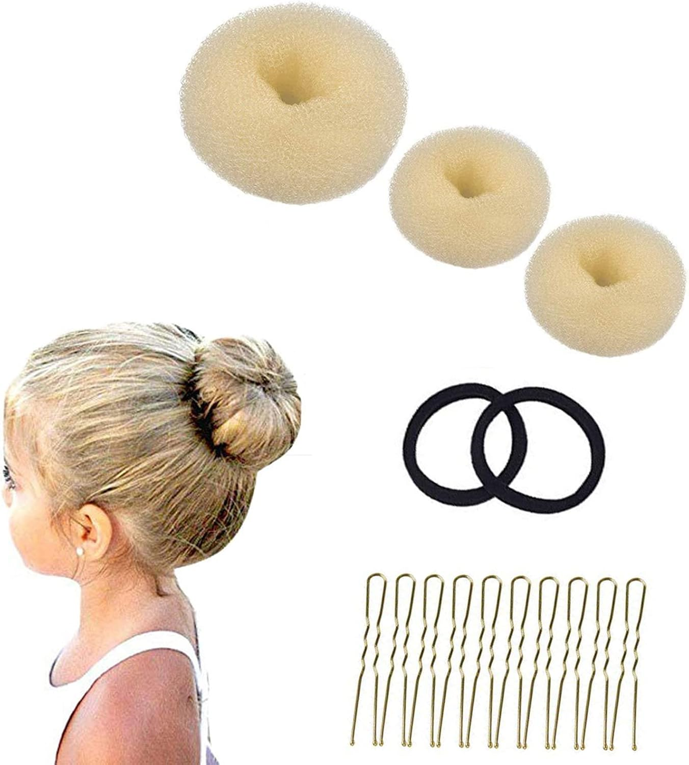 4-Piece Doughnut Hair Bun Maker Set with 2 Elastic Hair Bands, 30 U-Shaped Hair Clip, Hair Pin, Bun Cushion, Bun Maker for Children, Girls, Women (Brown 2)