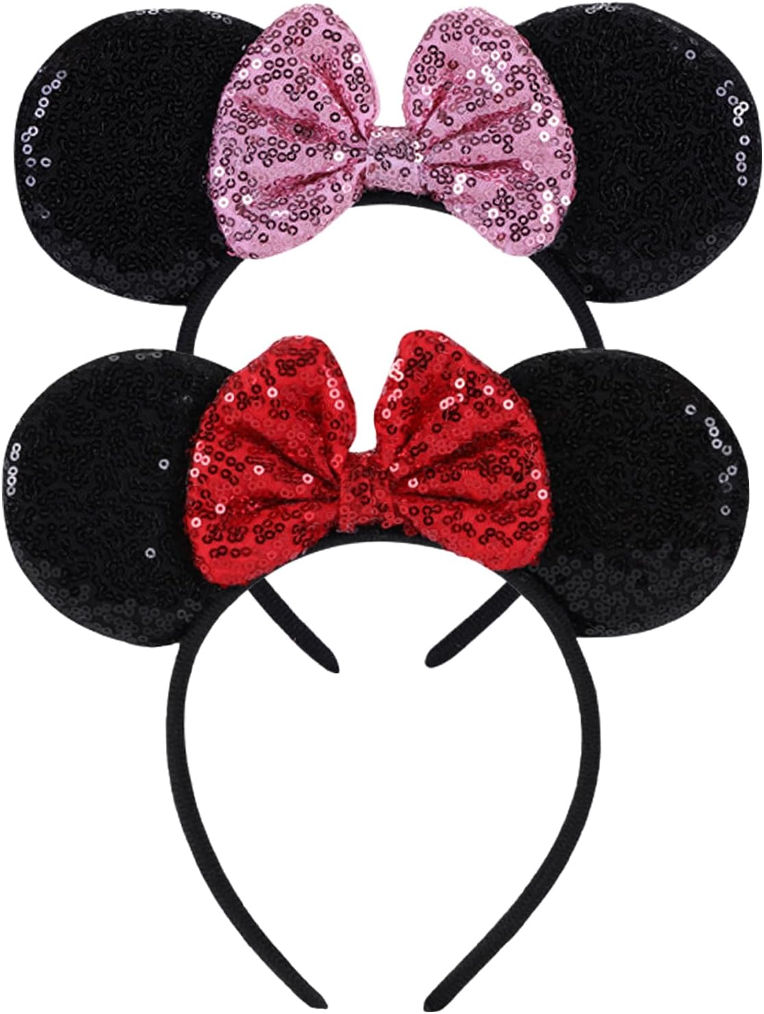 Socathey 2PCS Mouse Ears Headband for Women & Girls, Shiny Sequin Bow Mouse Headbands for Birthday Party & Theme Paradise (Red & Dot Red)