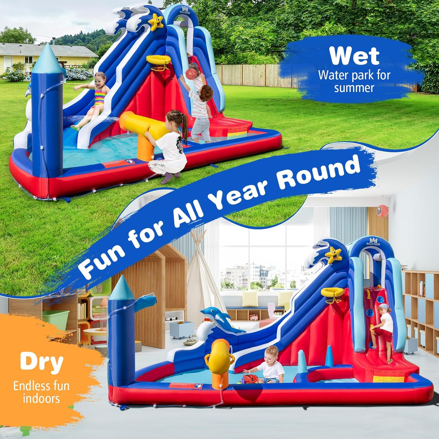HONEY JOY Inflatable Water Slide, Dolphin Theme Kids Bounce House Water Park W/Long Slide, 2 Splash Pools, Climbing Wall, Water Gun, Basketball Rim, Ring-Toss, Outdoor Jumping Castle with 680W Blower