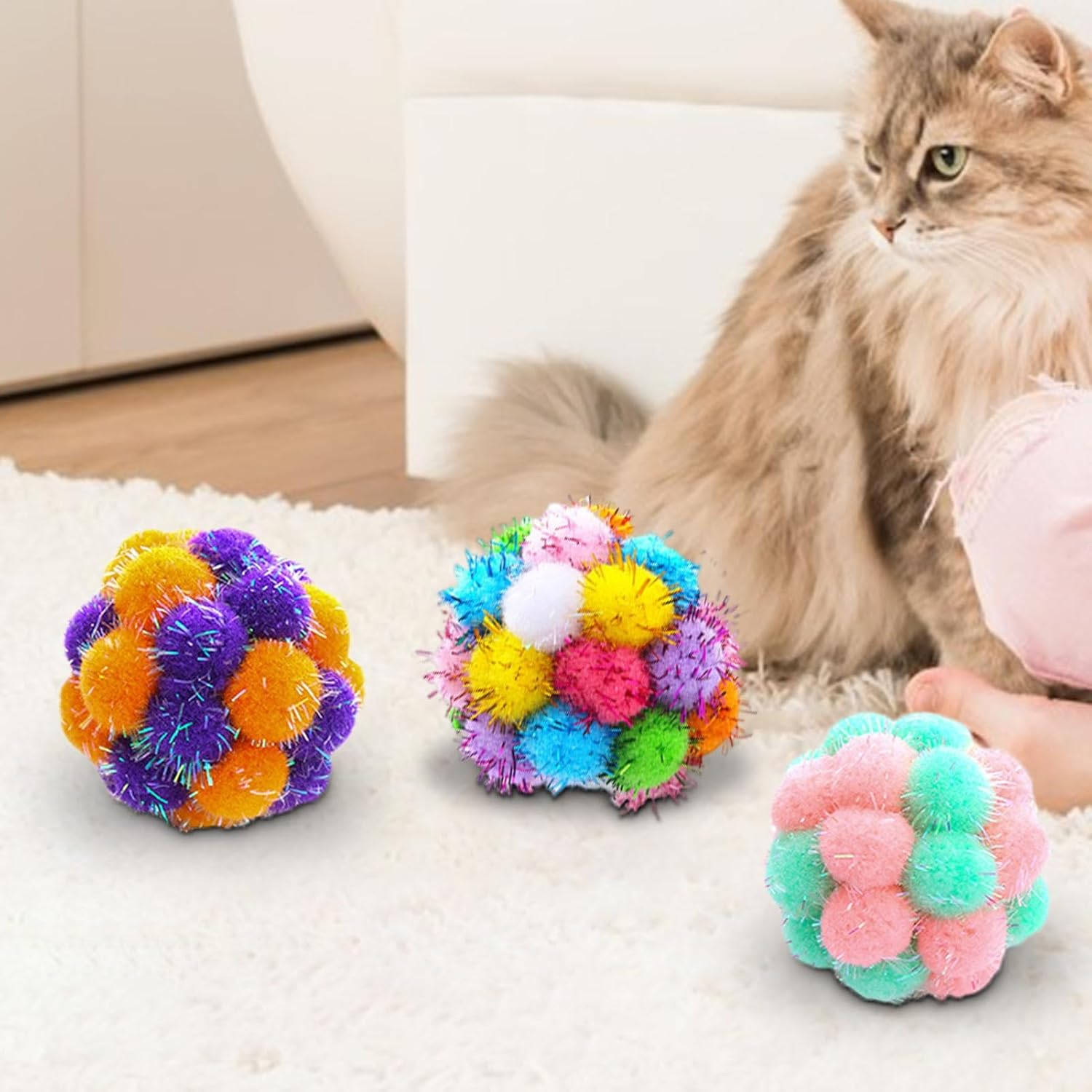 Fuzzy Cat Balls - Stuffed Cat Ball Toy - Assorted Color Balls Fuzzy Balls, Interactive Toys for Indoor Cats and Kittens, Toys image number 1
