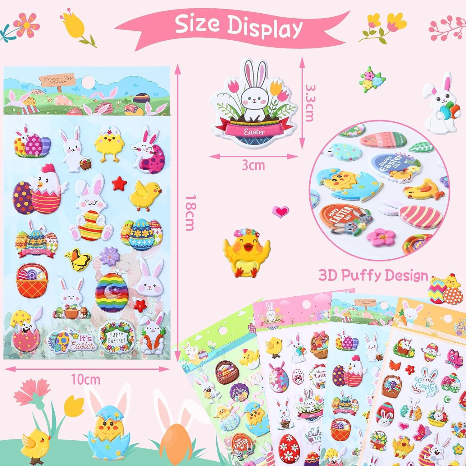 2 Pack Reusable Easter Puffy Sticker Book for Kids, Rabbit Egg Carrots Chicke,91 Foam Stickers for Easter Party Favors image number 6