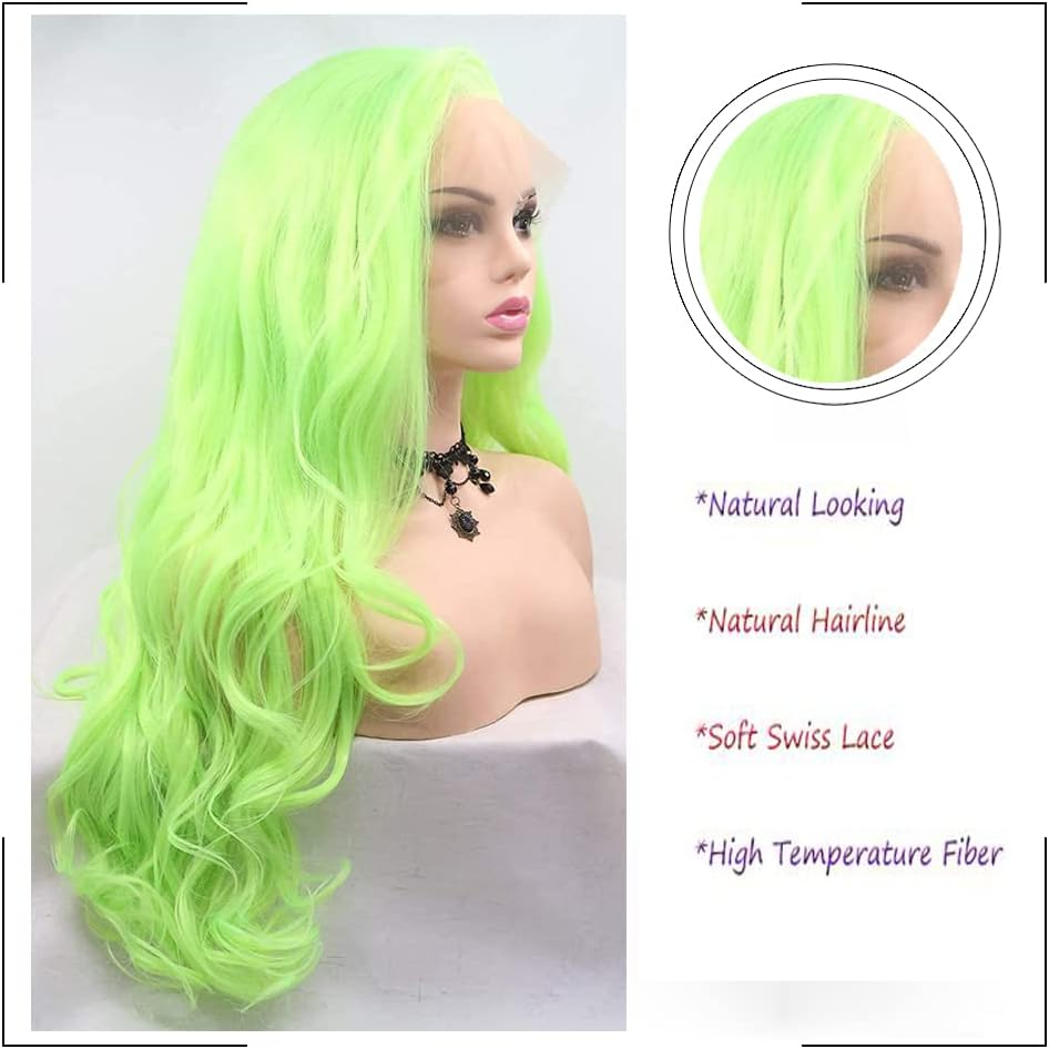 Afbeauty Neon Green Synthetic Lace Front Wig Long Body Wavy Fluorescent Green Side Part Wig Heat Resistant Fibre Soft Wigs for Women Cosplay image number 3