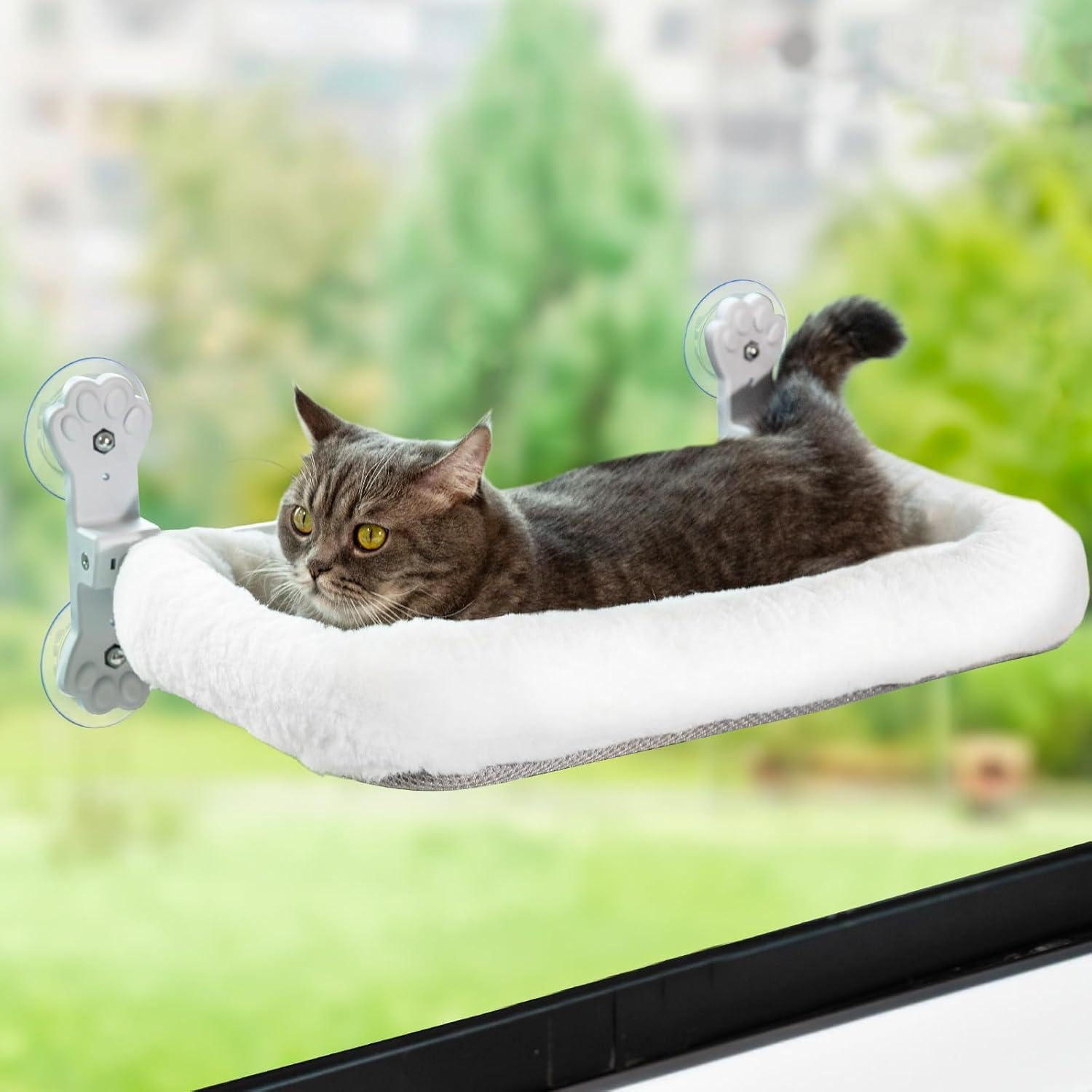 Foldable Cat Hammock for Window, Cat Window Perch with Removable Soft Cover, Cordless Cat Window Hammock for Large Cats, Machine Washable Cat Bed Cover and Solid Metal Frame(White Cushion Bed) image number 3