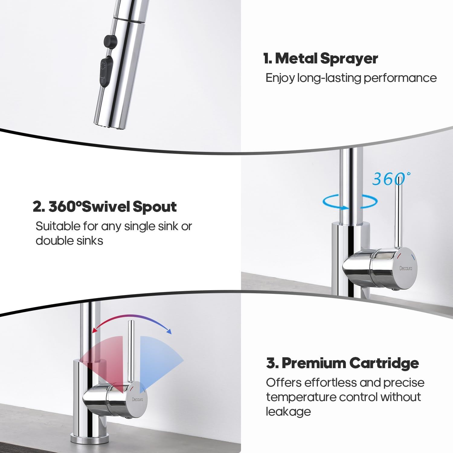 Decaura Polished Chrome Lead-Free Kitchen Mixer Taps Pull Out 3-Mode Metal Sprayer Laundry Sink Mixer Tap 360&deg; Swivel Spout (Chrome) - Chrome image number 4