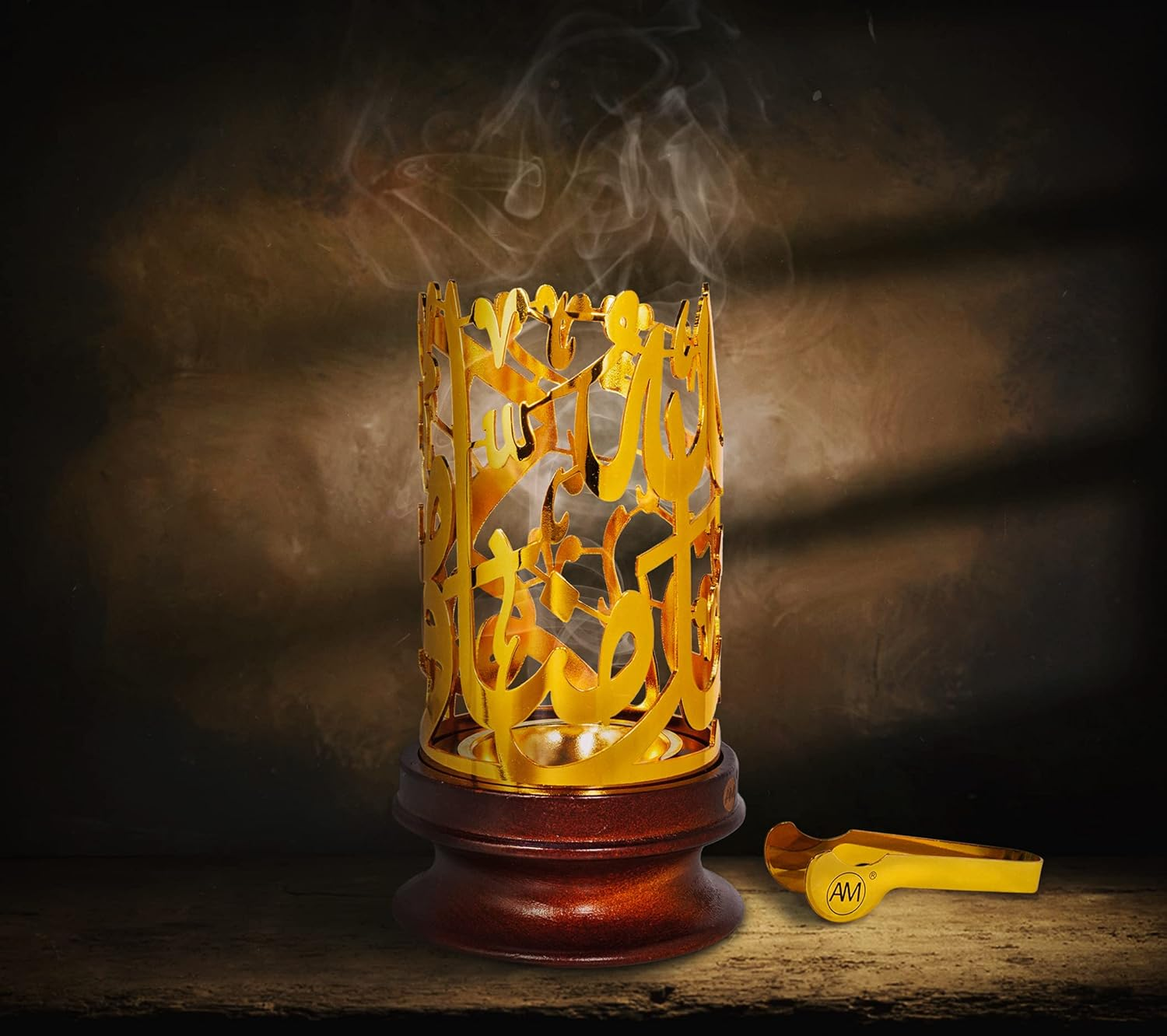AM Bakhoor Calligraphy Incense Burner - Metalic Resin Cone Holder | Wooden Base | Frankincense Charcoal Burner (Mabkhara) | Spiritual Gifts for Office & Home Decor (Gold) - Silver image number 3