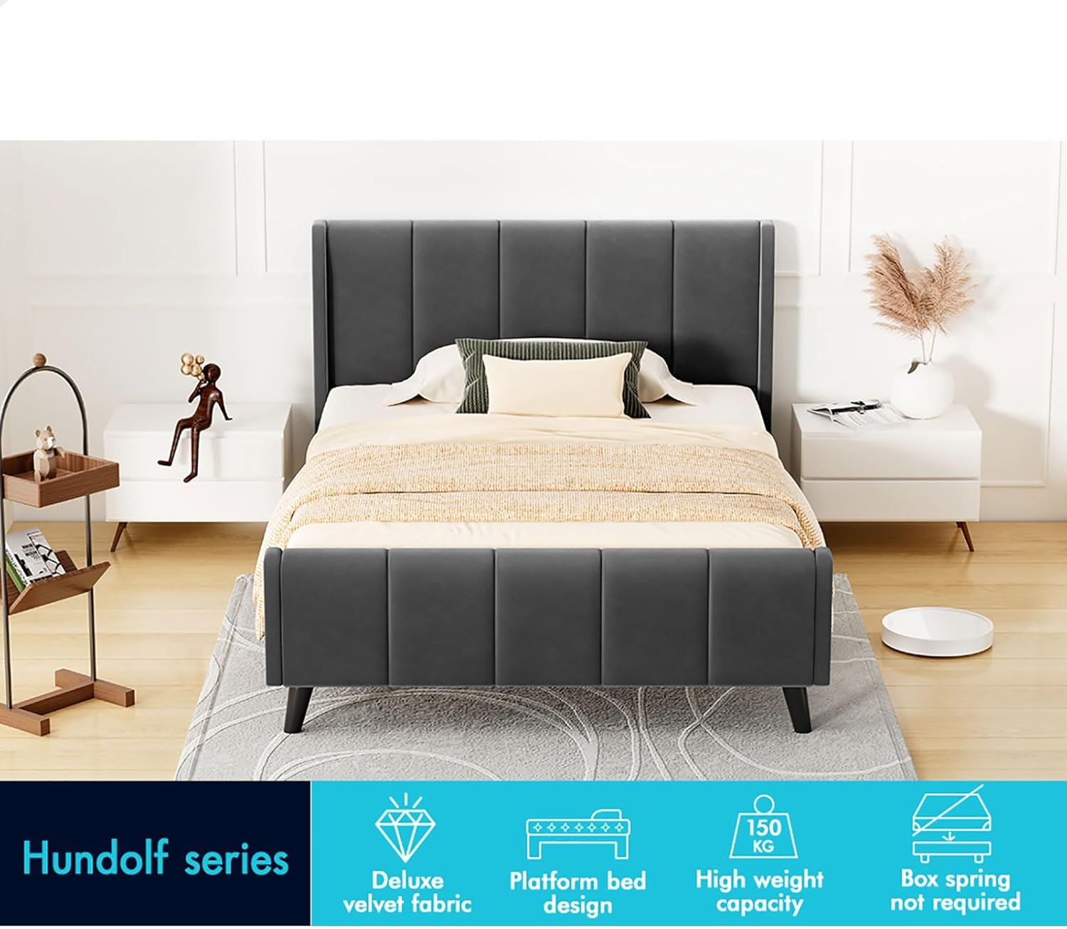 ALFORDSON Bed Frame Base Single Size with Headboard, Bed Platform Foundation with Velvet Fabric Upholstered for Mattress Topper, HUNDOLF Series Velvet Grey image number 5