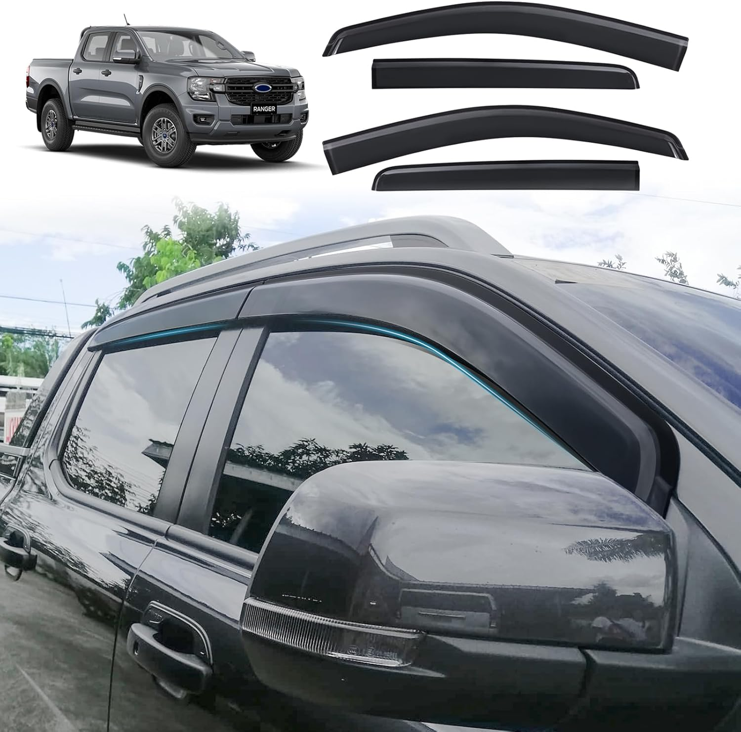 SUERAUTO4X4 for Ford Ranger Wildtrak Raptor Accessories Next Gen 2024 2023 2022 Dual Cab Weather Shield Weathershields Window Visor Wind Deflectors Injection Black, 4PCS
