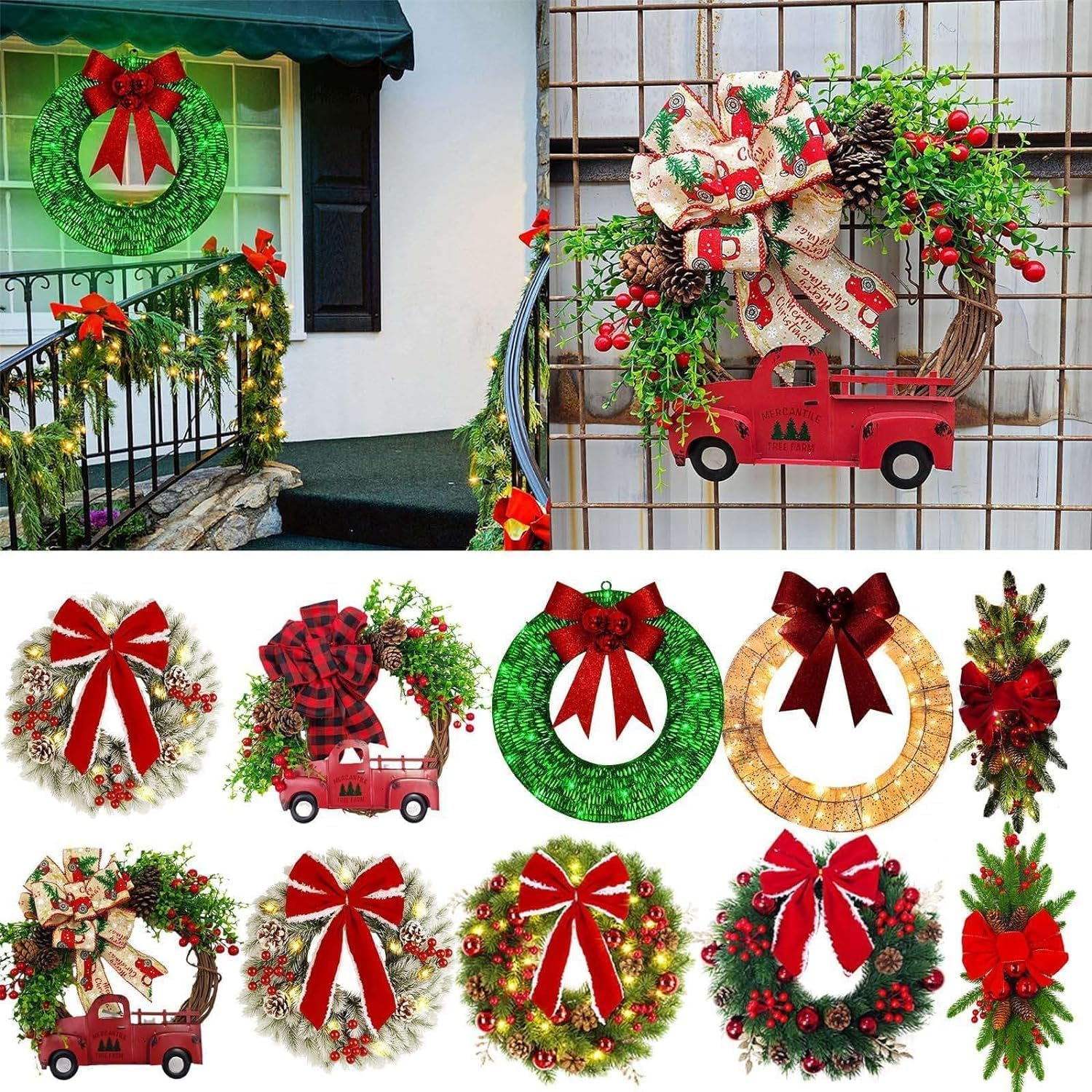 Christmas Wreath,Large Artificial Christmas Wreaths for Front Door,Xmas Wreaths with Bow Ribbon, Christmas Decor Winter Garlands Wreath for Outdoor Indoor Window Porch (E) image number 3