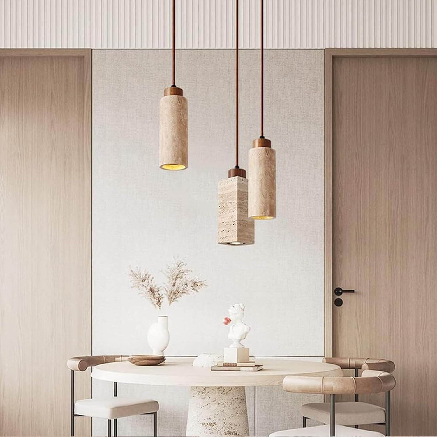 Pendant Light, Japanese Style Natural Travertine Pendant Lamp for Dining Room, Kitchen Island, Living Room,Handcrafted Natural Stone, Adjustable Drop for Different Ceiling Heights (Yellow,M) - Yellow image number 2