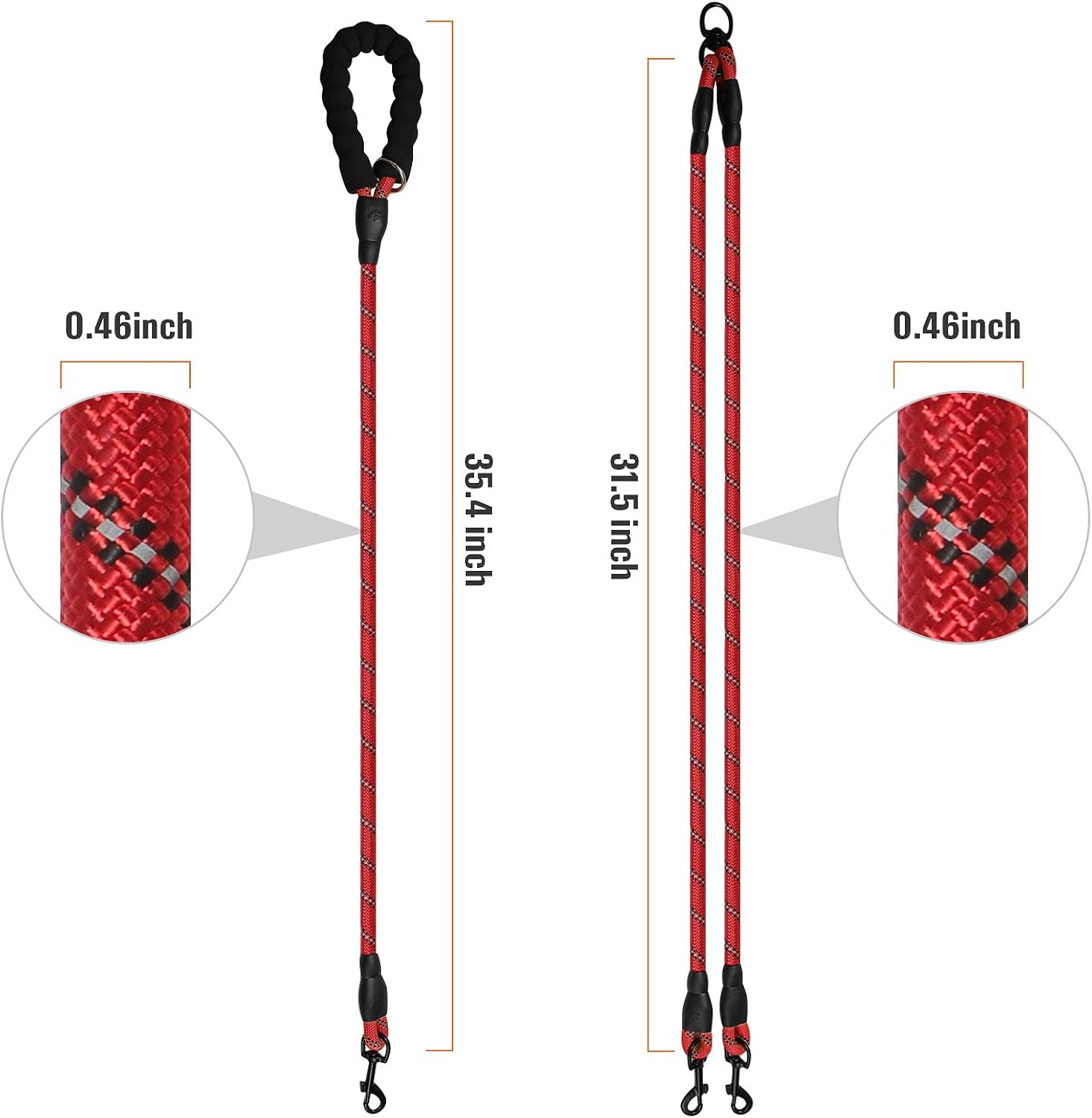 Reflective Double Dog Leash with Detachable Coupler and Tangle Free Control, Padded Handle for Large and Medium Dogs Walking (Red, Double Leash) image number 6