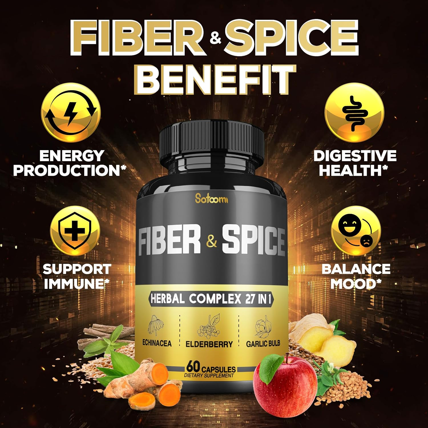 SATOOMI 27 in 1 Fiber and Spice Supplement - 60 Veggie Capsules - High Concentrated with Psyllium Husk, Flax Seed, Apple, Elderberry, Echinacea & More