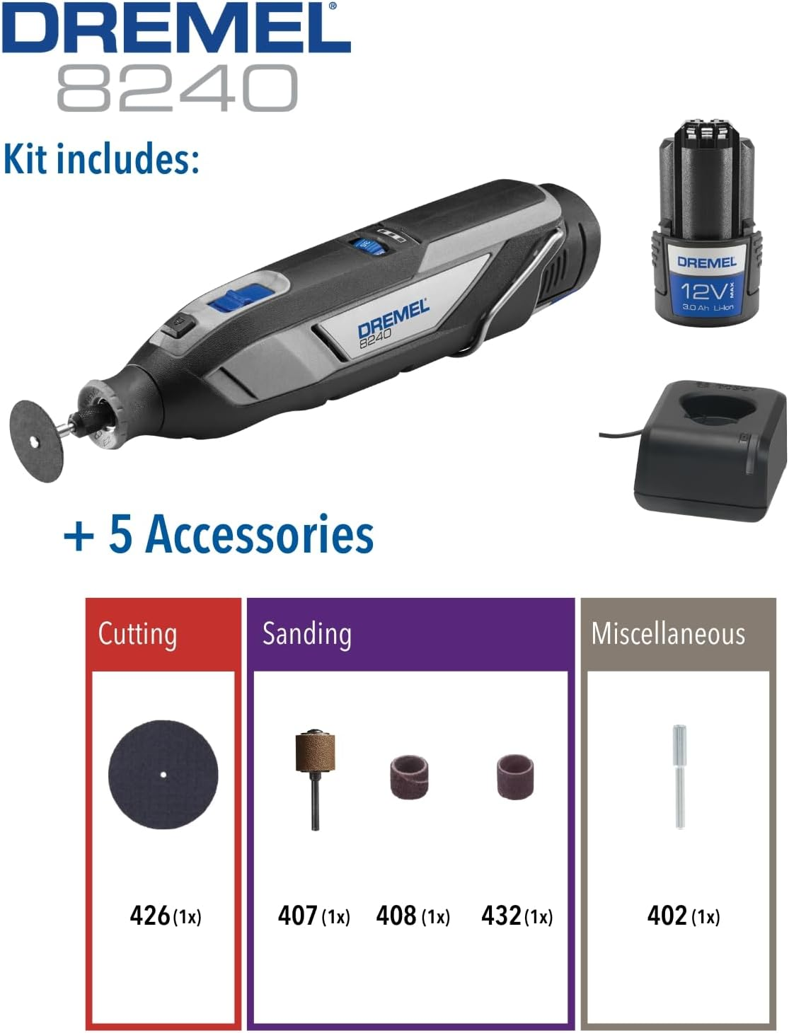 Dremel 8240 Cordless Rotary Tool 12V, Multitool Kit with 5 Accessories, Variable Speed 5,000-35,000 RPM (2024 New Model) image number 4