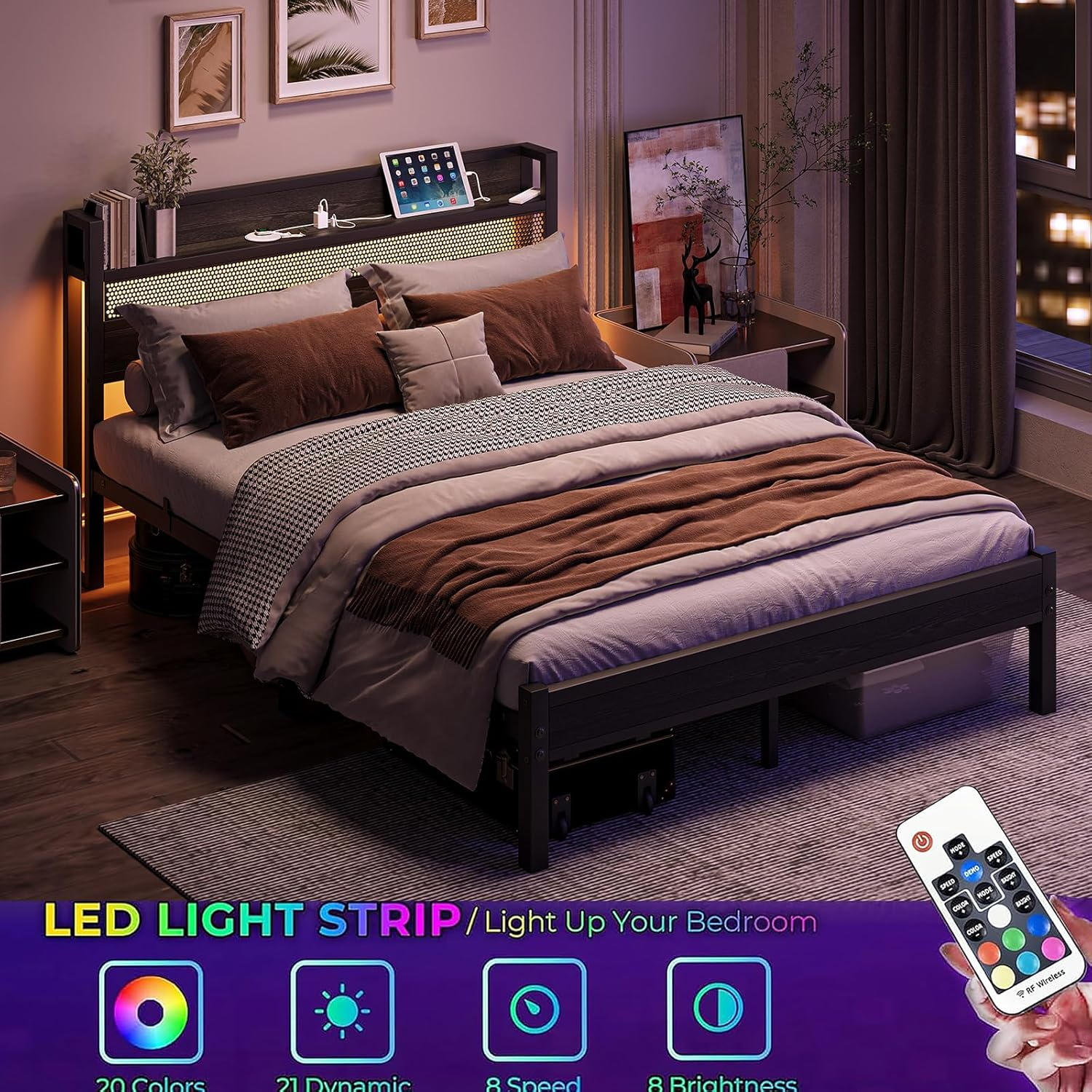 Queen Size Bed Frame with Charging Station, Metal Platform Bed with Storage Headboard Heavy Duty,Noise-Free Mattress Foundation, No Box Spring Needed image number 2