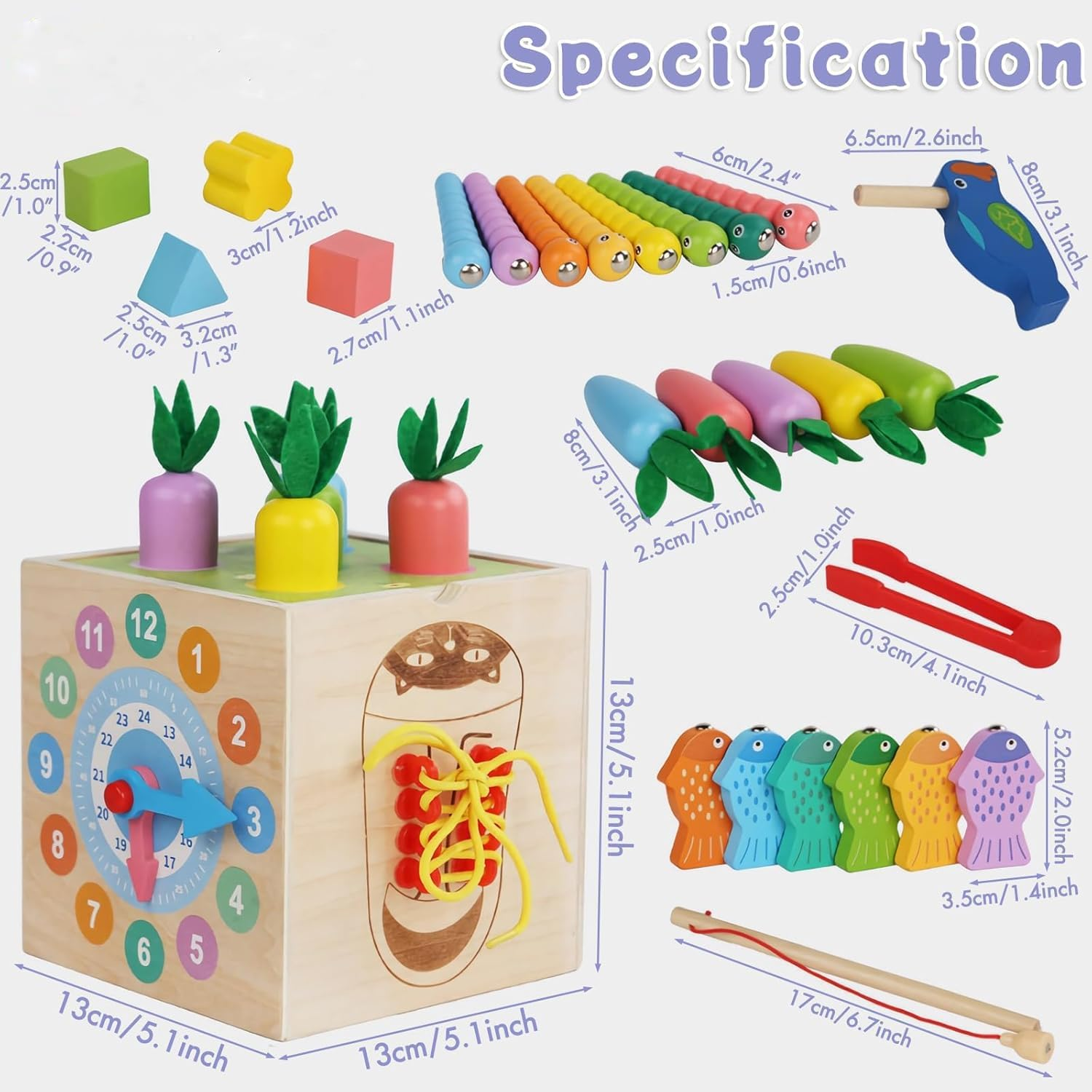 Wooden Activity Cube, 8-In-1 Shape Sorter Toy for Toddlers 1-3, Sensory Play Center with Shape Sorting Box Magnetic Fishing Spinners Educational Developmental Toy for Babies 6-12 Months image number 2