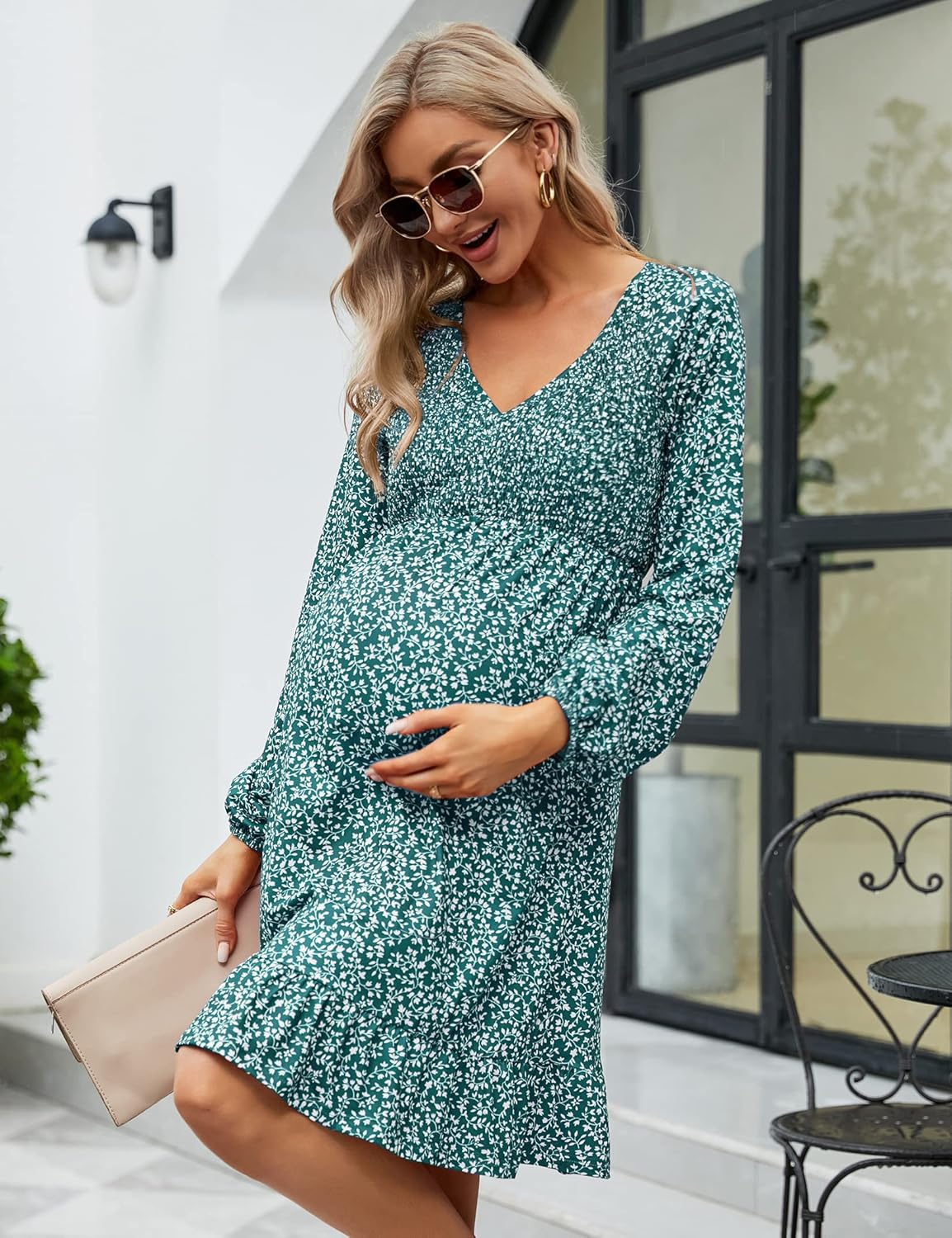 Coolmee Short Sleeve Maternity Dress Ruffle Boho Dress Button Smocked Summer Casual Flowy Maxi Dress Baby Shower Photoshoot image number 6