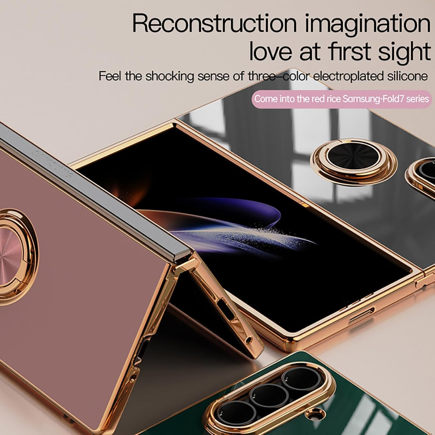 ILING Case for Samsung Galaxy Z Fold 7 with 360 Degree Ring Stand, Luxurious Galvanised Gold Trim, Soft TPU Silicone, Shockproof Protective Case, Ultra Thin Women'S Mobile Phone Case (Black) - Black image number 2