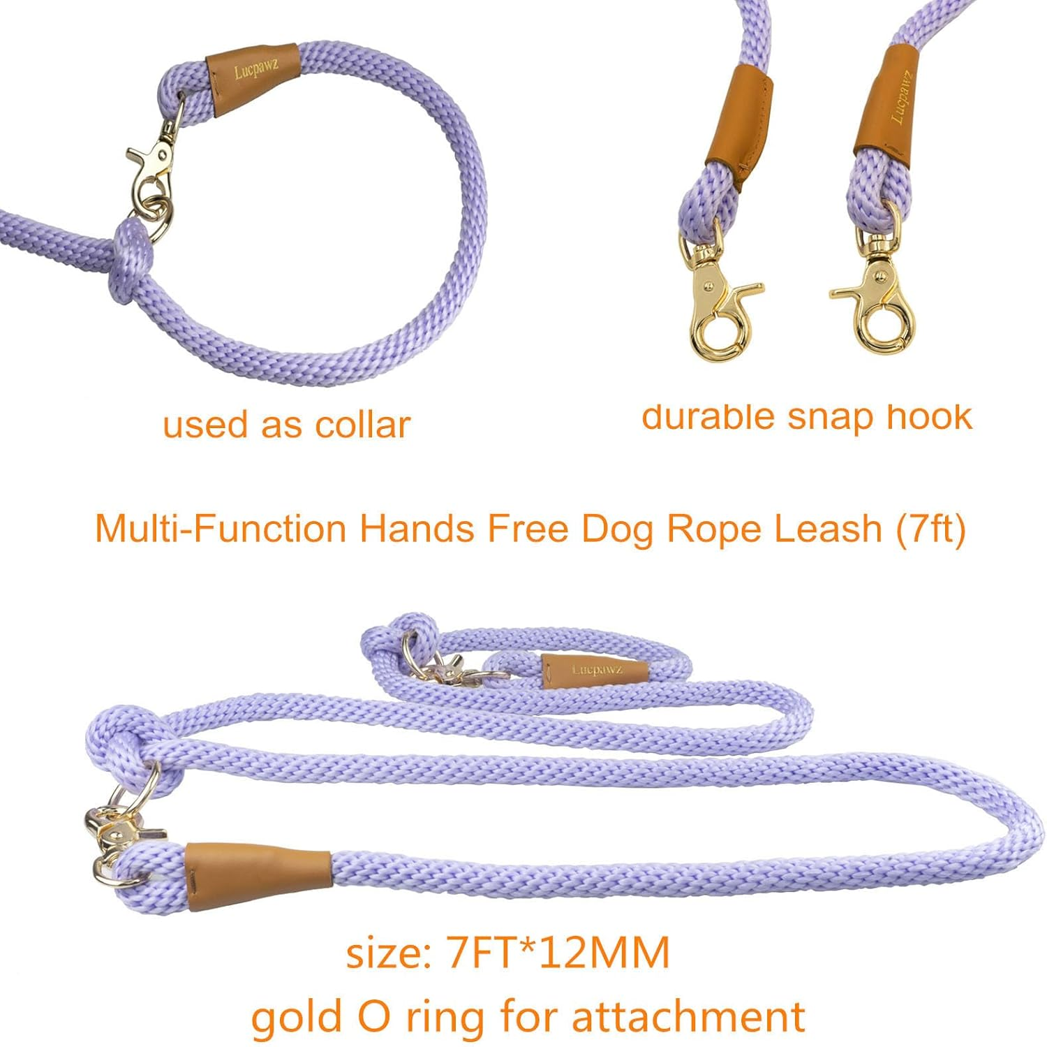 7FT Multifunctional Rope Dog Leash,Hands Free Dog Leash, Crossbody Rope Leash, Adjustable Long Leash for 2 Dogs (7Ft*12Mm, Lanvender) image number 3
