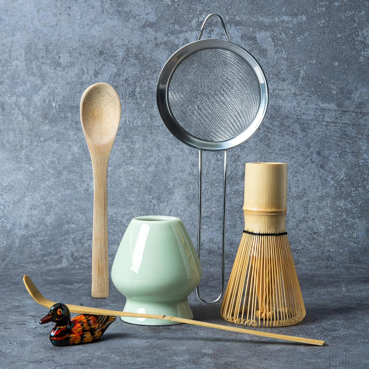 Matcha Whisk Set, Matcha Making Kit Whisk (Chasen Holder), Ceramic Whisk Holder (Mottled Green), Bamboo Scoop, Powder Starter Sifter, Spoon Japanese Tea Tools for Ceremony Gift