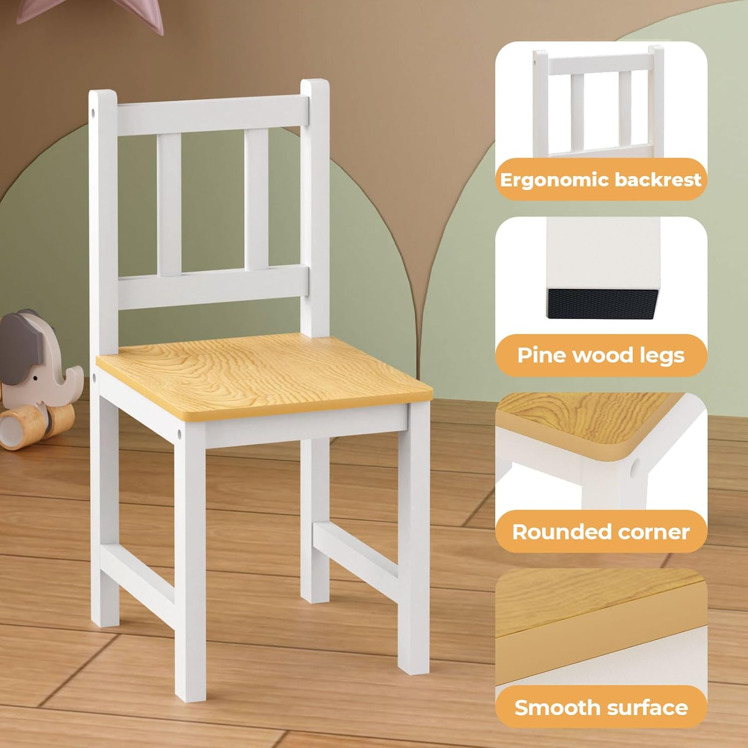 Bopeep Kids Table and 2 Chairs Set, Pine Wooden Study Play Desk Children Activity, Reading, Arts, Crafts, Snack Time, Homework, Playroom, Furniture Set for Daycare Playroom, Boys & Girls, 3 Pieces Set image number 5