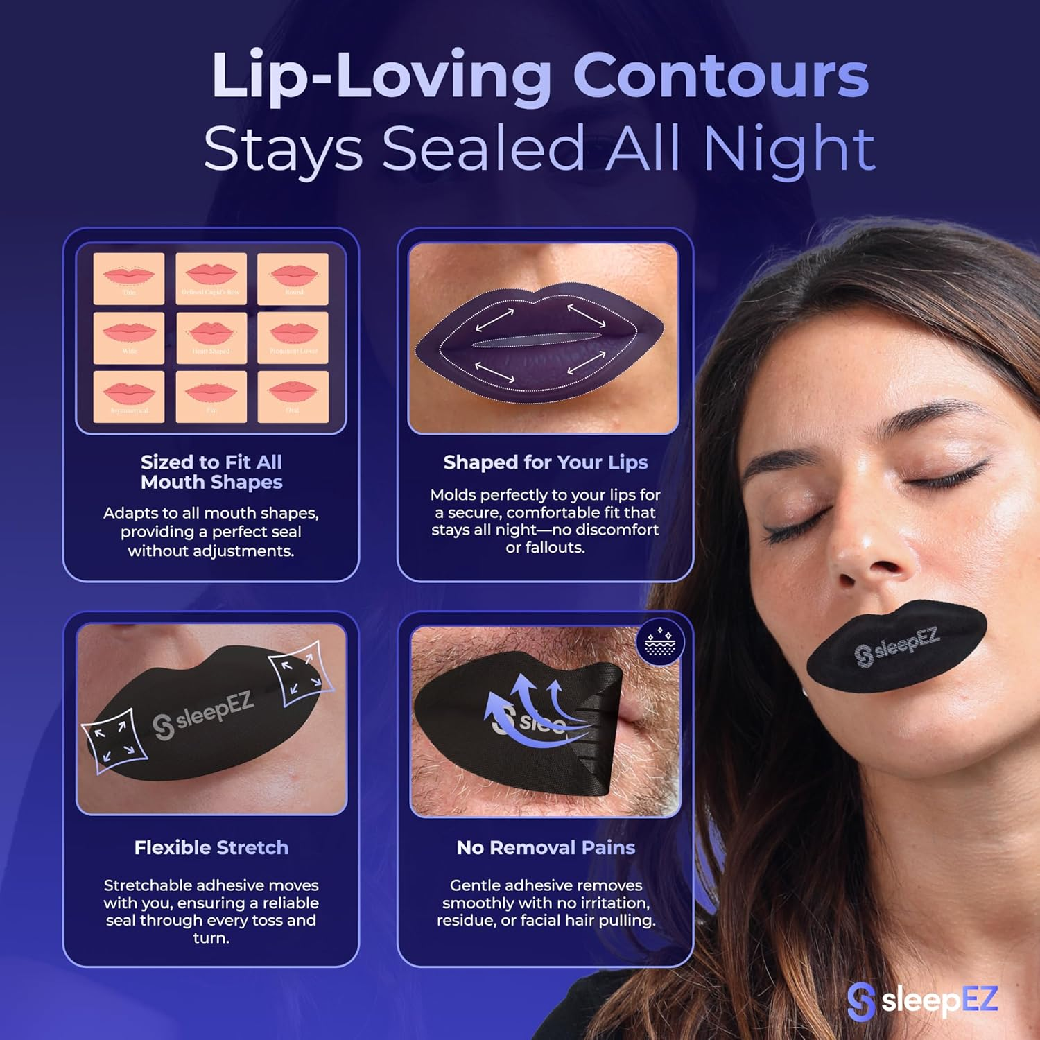 Sleepez Breathe Mouth Tape for Sleeping - 30-Pack | 100% Hypoallergenic Lip-Shaped Sleep Tape for Nasal Breathing & Snoring Relief | Extra-Strength Adhesive & Pain-Free Removal | Supports Oral Health, REM Sleep & Anti-Snore | Black | 1-Month Supply image number 4