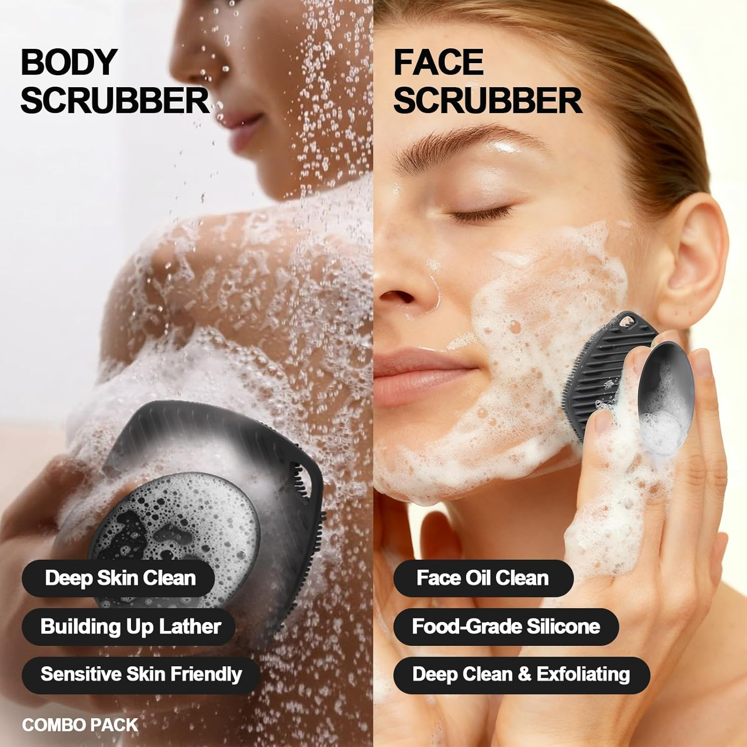 ARIOSOX Silicone Body Scrubber with Suction Cup, Gentle Texture Exfoliating Body Scrubber for Men and Women on Sensitive Skin, Build up Lather, Deep Skin Clean (Body+ Face Scrubber Black) - Black image number 4