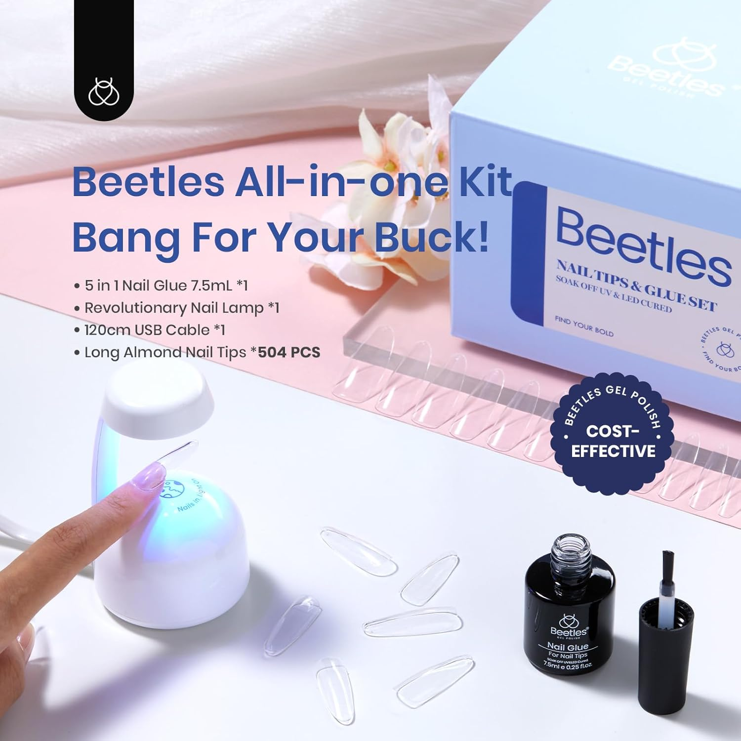 Beetles Gel Nail Kit Gel Nail Polish Nail Extension Kit 500Pcs Long Almond Pre Shaped Clear Full Cover False Nail Tips with 5 in 1 Nail Glue and Innovative Led Nail Lamp for Nail Art Diy Home Manicure image number 2