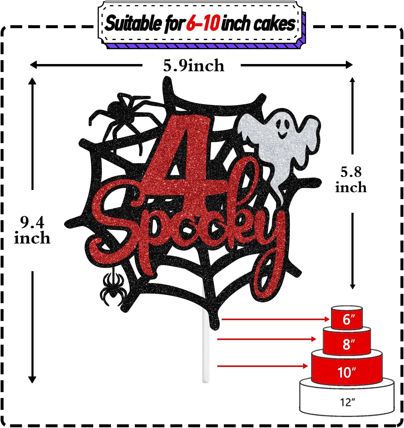 Spooky 4Th Birthday Cake Topper, Four Ever Spooky, Bat Ghost Cake Decor Halloween Theme 4Th Birthday Party Decorations Supplies for Boys Girls, Black Glitter image number 1