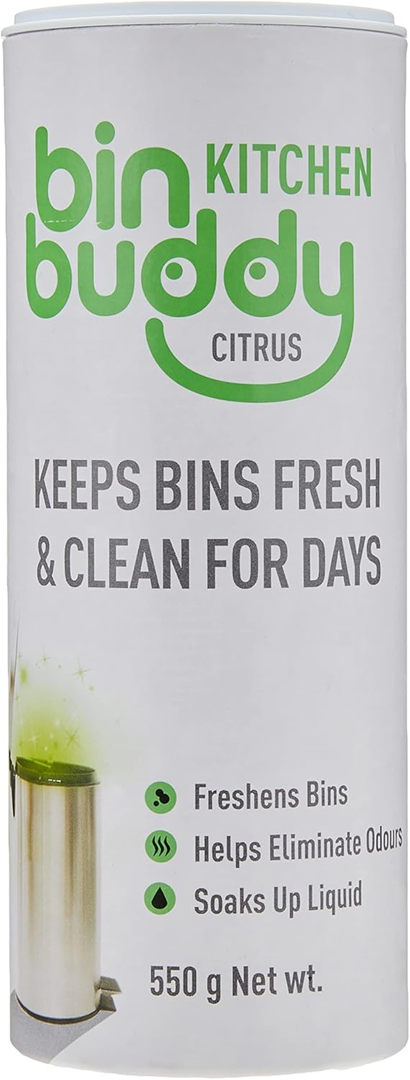 Bin Buddy Kitchen, 550G, 4 Pack, Citrus Bin Freshener Deodoriser Powder, Leaves Your Bin Smelling Great, Suitable for Indoor and Outdoor Bins image number 1
