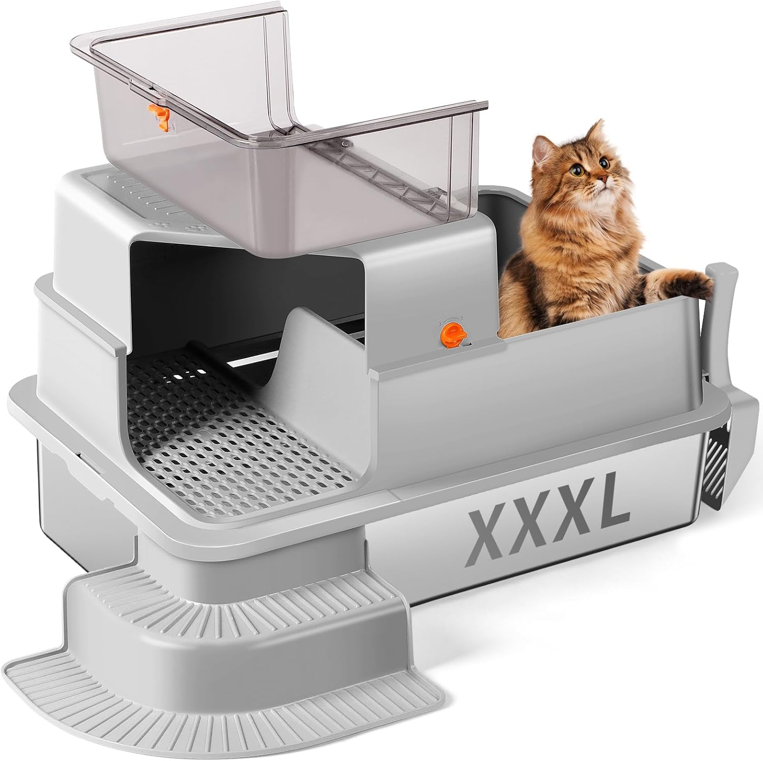 Bartuke XXXL Stainless Steel Litter Box, 70 X 50 X 30Cm Extra Large Semi Enclosed High Sided Metal Cat Litter Box with Filtered Grid, Step, Scoop, Non-Sticky, Non-Odor, Easy Cleaning (Light Gray)