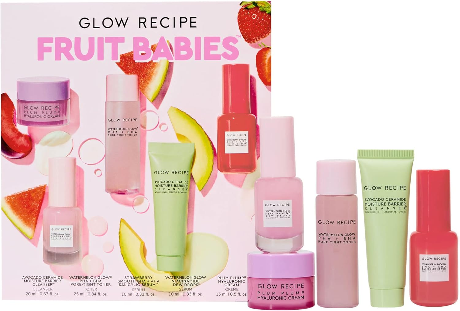Glow Recipe - Fruit Babies Bestsellers Kit - Mini Travel Size Beauty Essentials - Avocado Foam Cleanser, Niacinamide Dew Drops Serum, Pore-Tight Toner, Salicylic Serum, Hyaluronic Acid Cream (5 Count) image number 6