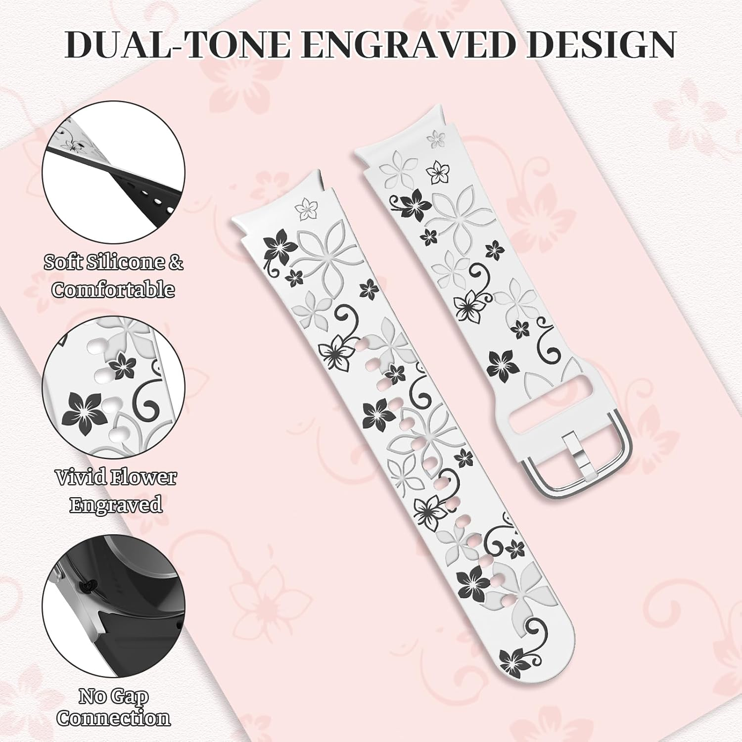 Flower Engraved Straps for Samsung Galaxy Watch 7/6/5/4/FE 40Mm 44Mm/Galaxy Watch 6/4 Classic Bands 47Mm 43Mm 46Mm 42Mm/Watch 5 Pro 45Mm Women,No Gap Band Silicone Cute Floral Armband Wristband - Black Orange image number 4