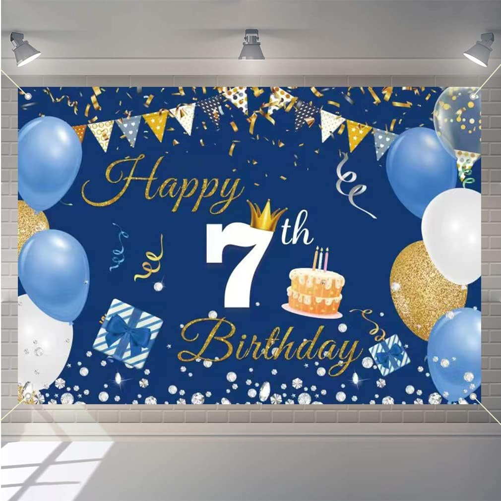 7Th Birthday Decorations Happy 7Th Birthday Backdrop Banner for Boys/Girls Happy 7 Years Old Fabric Sign Poster, Blue Photography Background Seventh Birthday Party Supplies, 59"X35.4" image number 1