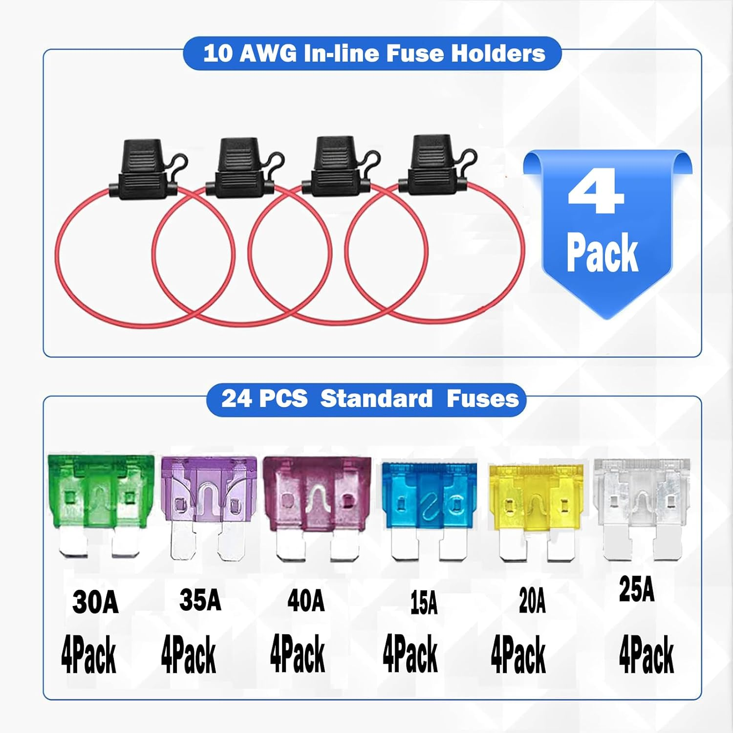 10 AWG Waterproof Fuse Holde ，Fuse Holder ATC/ATO, 4 Packs In-Line Automotive Blade Fuse Holder with 24PCS Standard Car Fuses, （15A 20A 25A 30A 35A 40A） Automotive Replacement Fuses image number 1