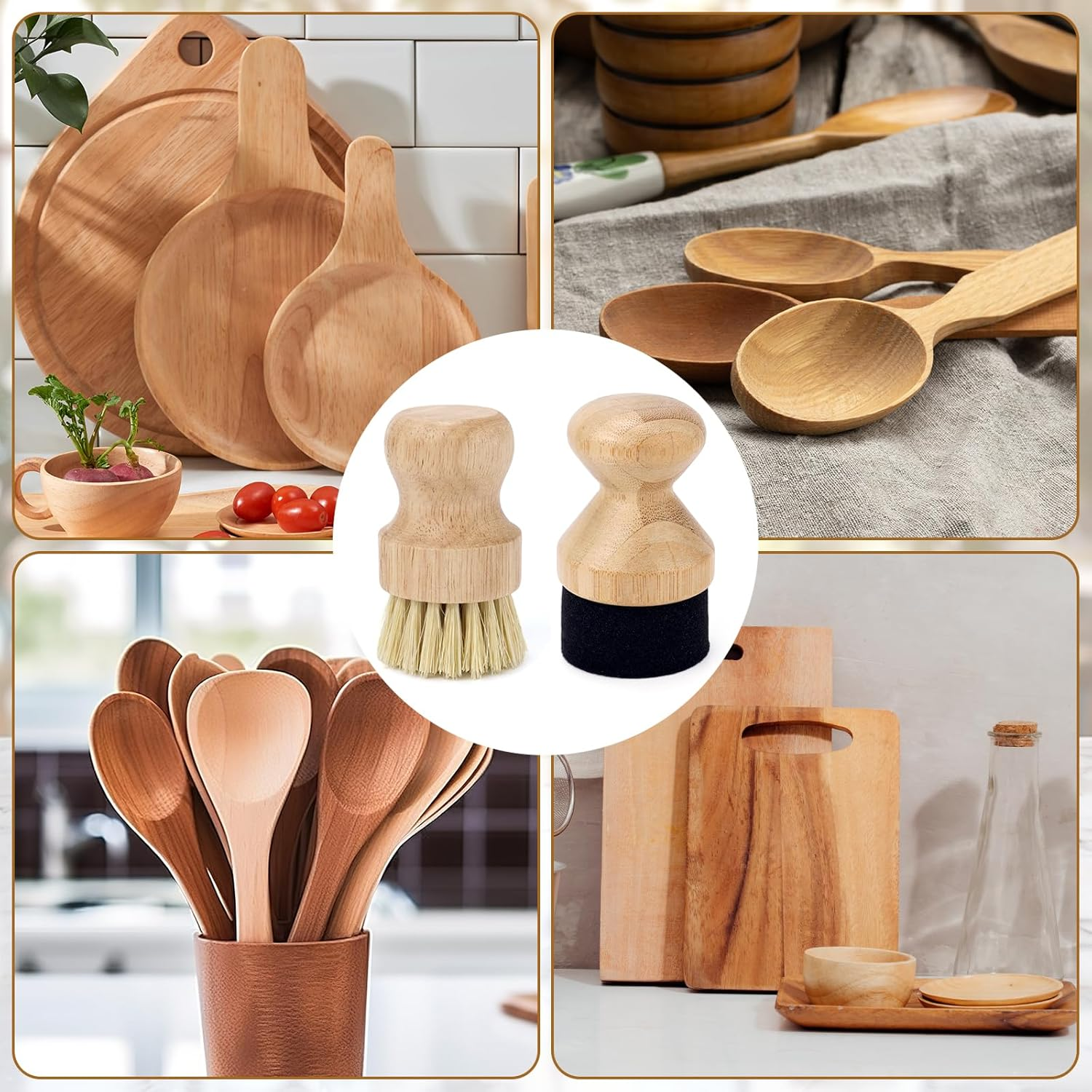 Cutting Board Oil Wax Applicator & Scrubbing Brush, Wood with Sisal Fibers and Sponge Mineral Oil Wax Applicator with Lid for Wooden Butcher Blocks Spatulas Spoons Kitchenware image number 2