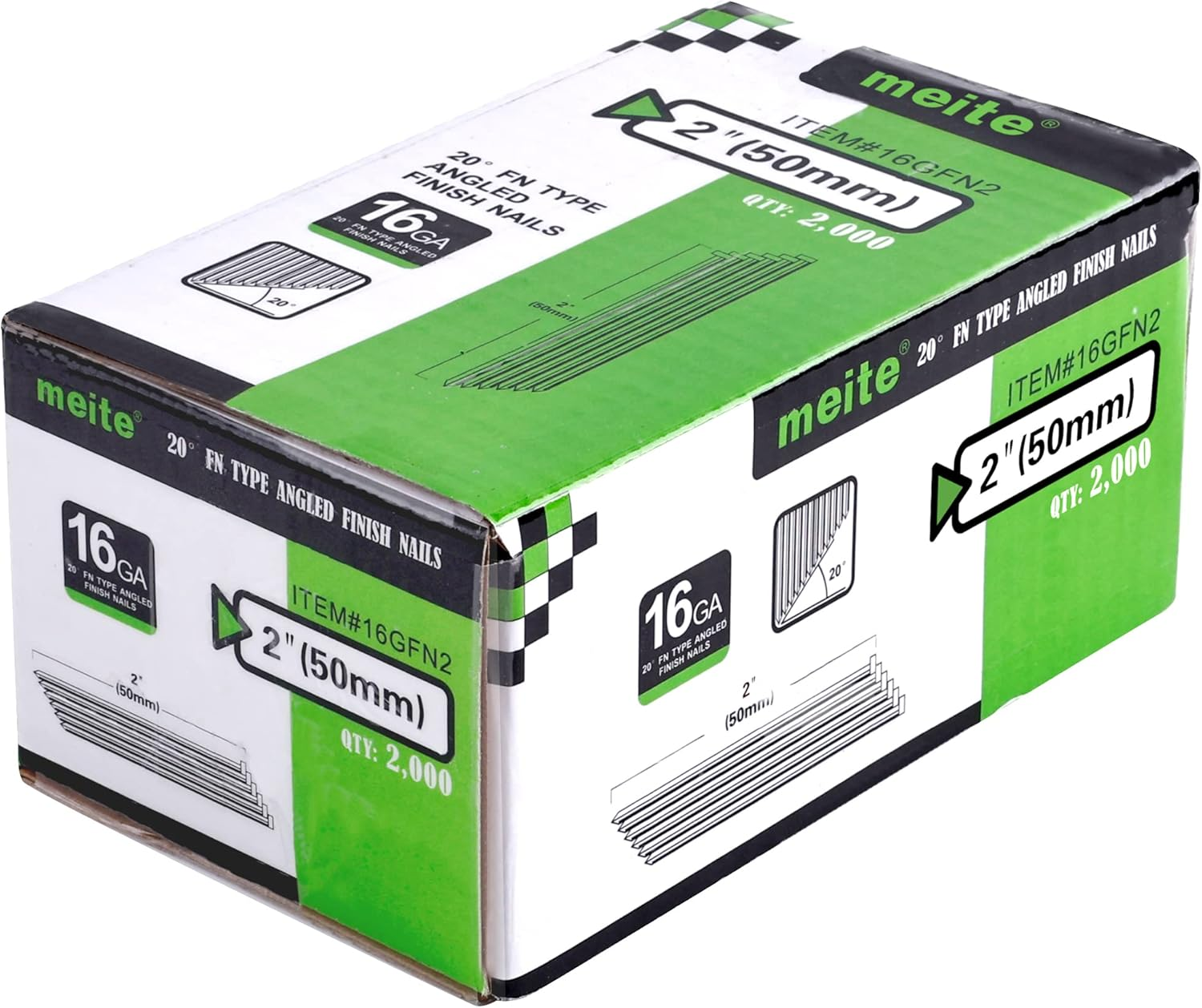 Meite 16 Gauge Angled Finish Nails, 50 Mm 20 Degree Galvanized Finishing Nails for Electric or Pneumatic Nailer Guns - Perfect for Window Trim, Cabinet Building and Other DIY Projects (2,000 Counts)