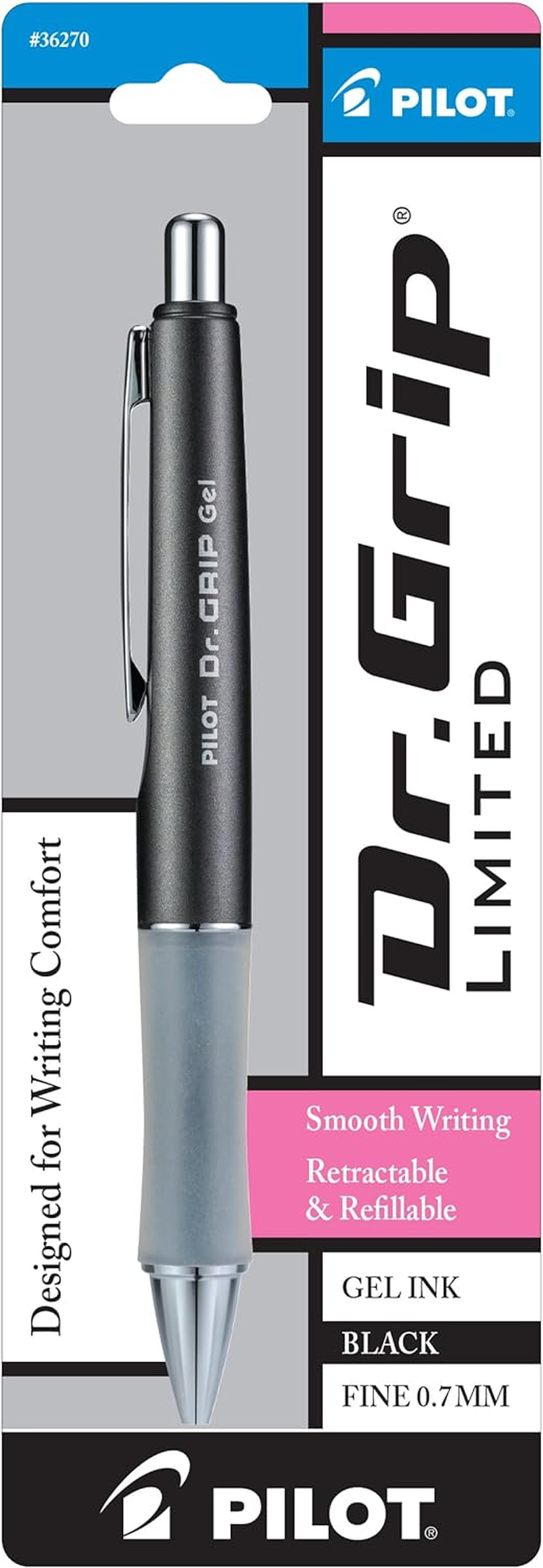 PILOT Dr. Grip Limited Refillable & Retractable Gel Ink Rolling Ball Pen, Fine Point, Metallic Charcoal Gray Barrel, Black Ink, Single Pen (36270)